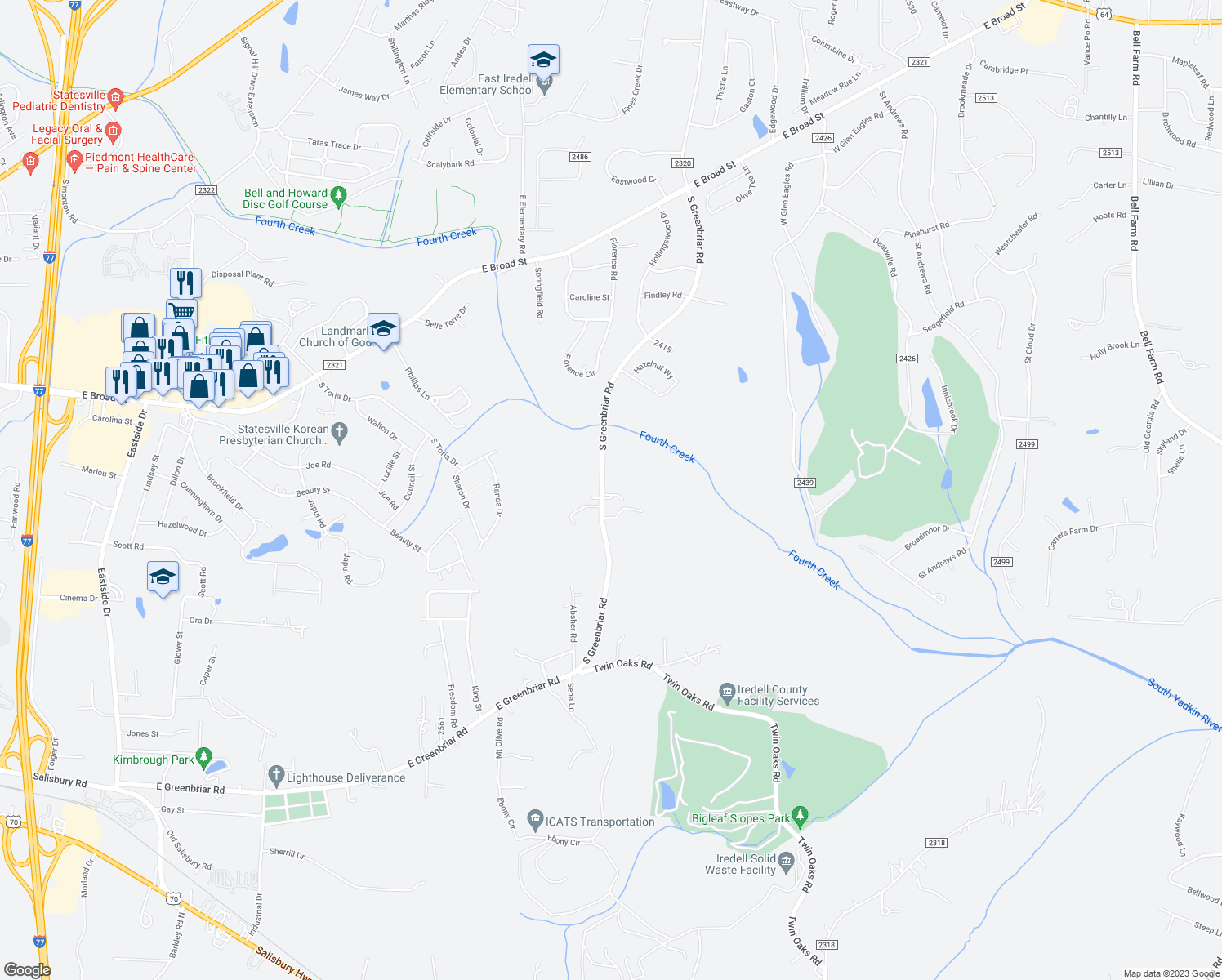 map of restaurants, bars, coffee shops, grocery stores, and more near 519 South Greenbriar Road in Statesville