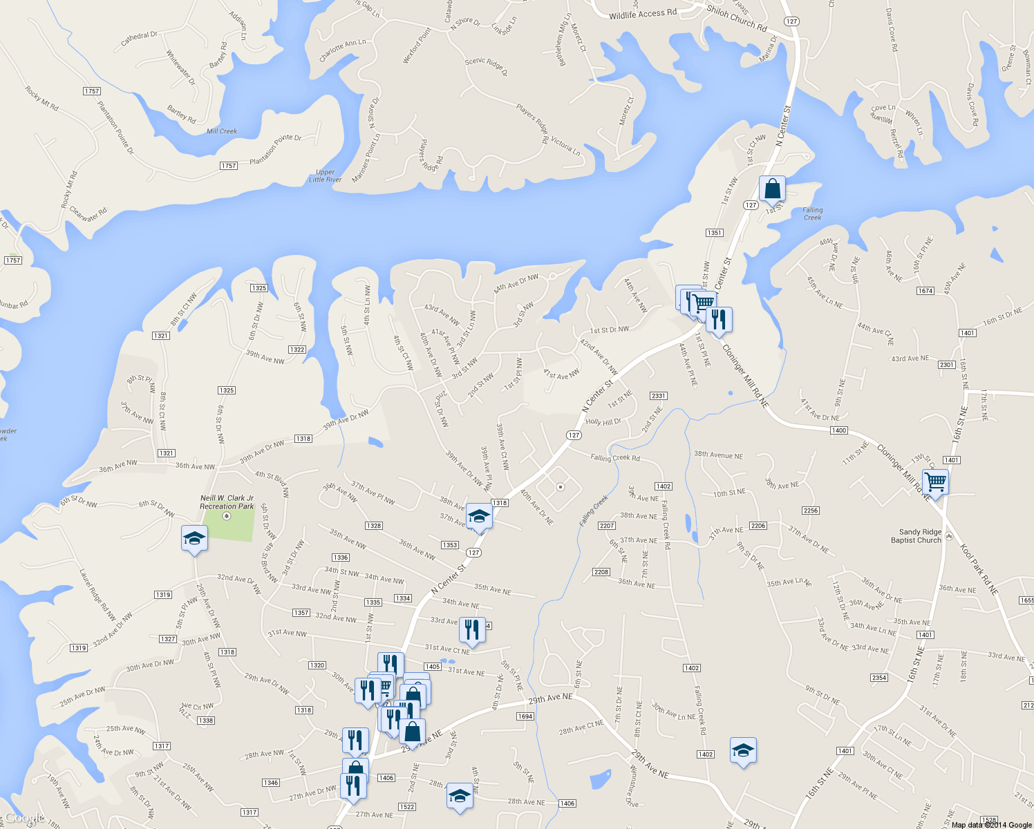 map of restaurants, bars, coffee shops, grocery stores, and more near 190 39th Avenue Court Northwest in Hickory