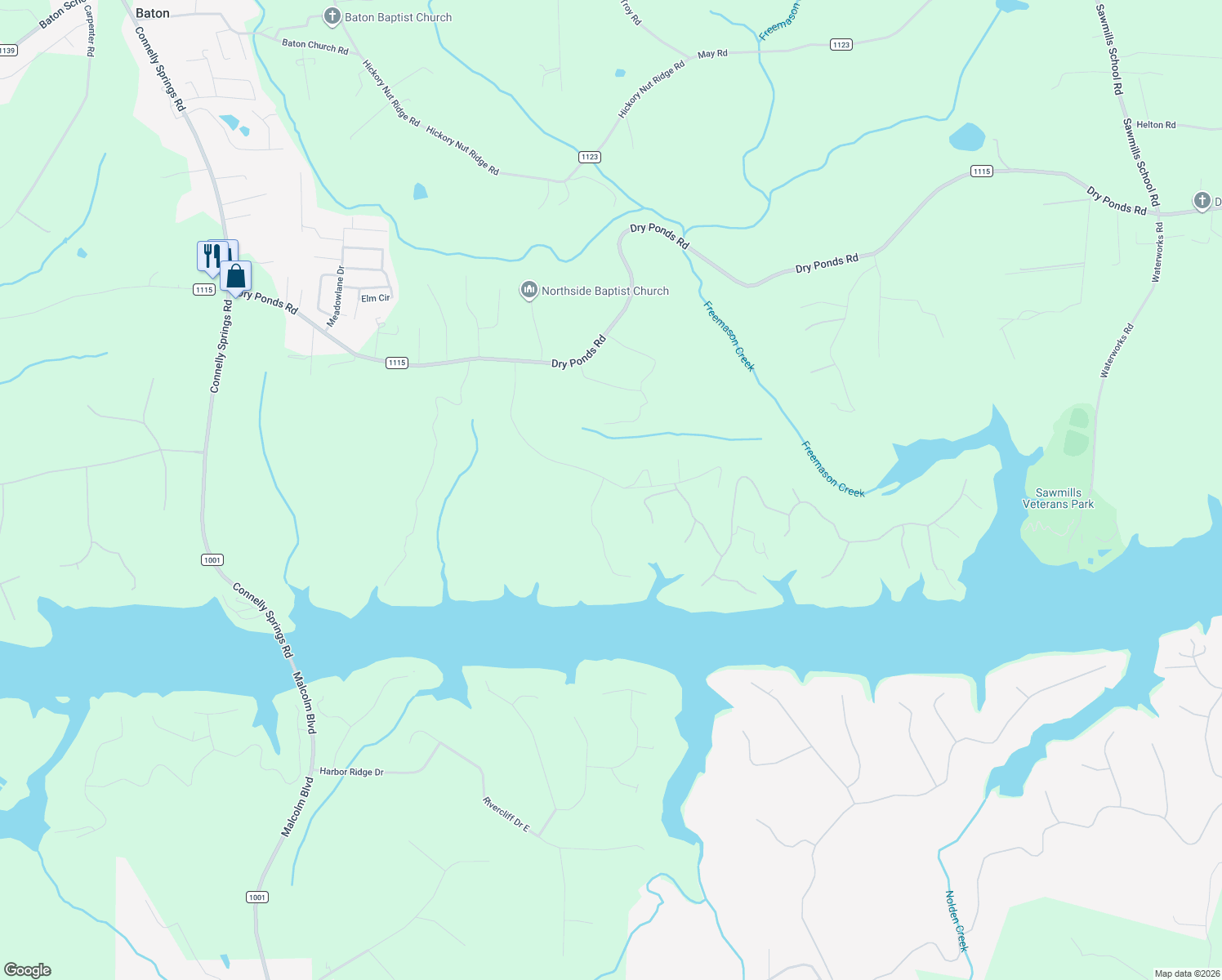 map of restaurants, bars, coffee shops, grocery stores, and more near 5401 Liberty Road in Granite Falls