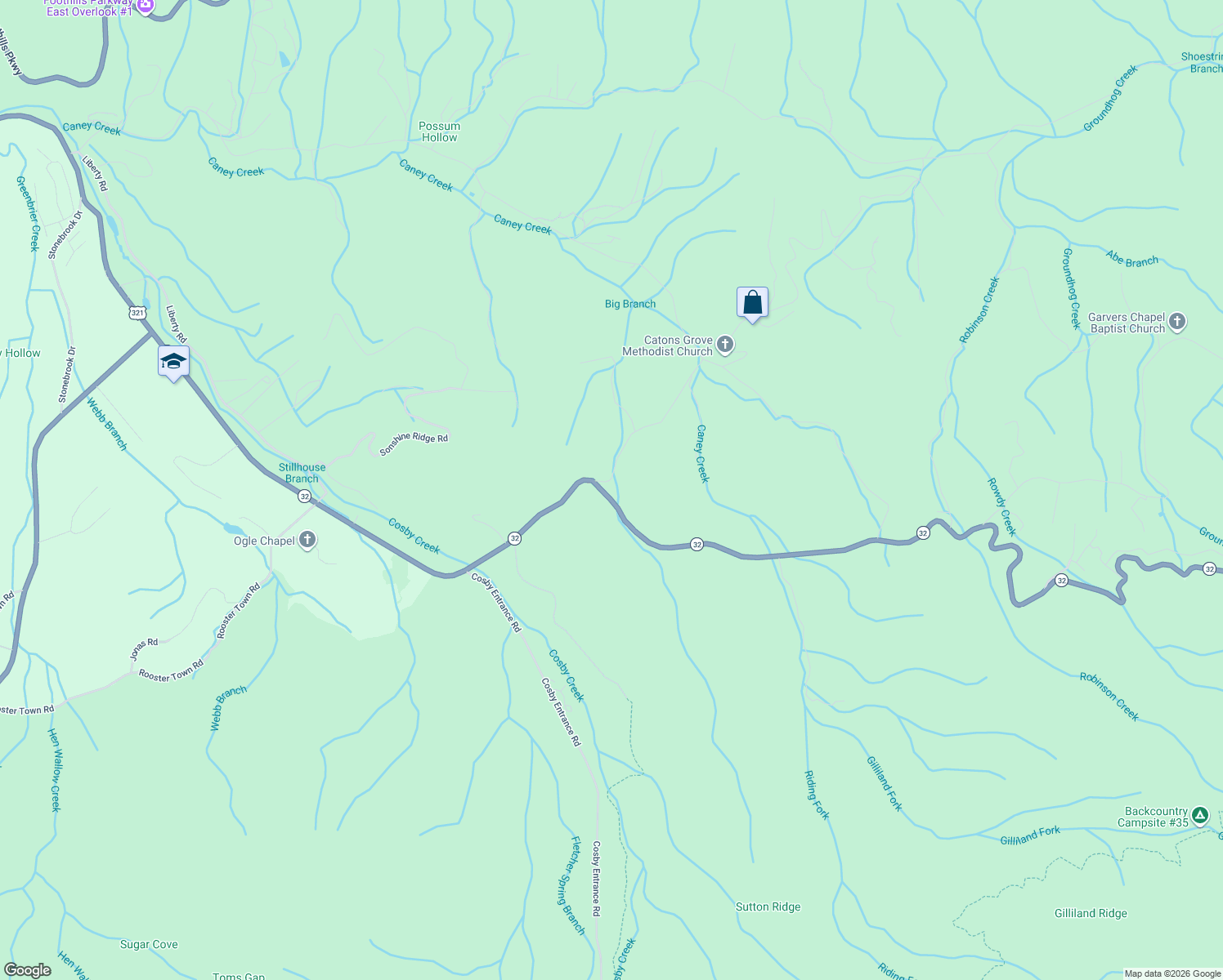 map of restaurants, bars, coffee shops, grocery stores, and more near 740 Caney Creek Road in Cosby