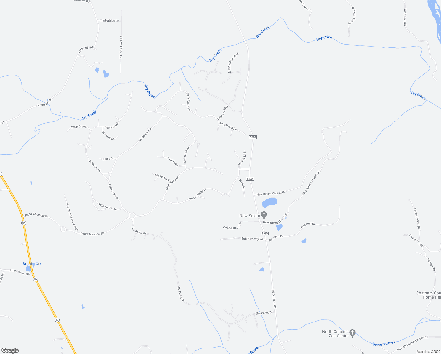 map of restaurants, bars, coffee shops, grocery stores, and more near 354 High Ridge Lane in Pittsboro