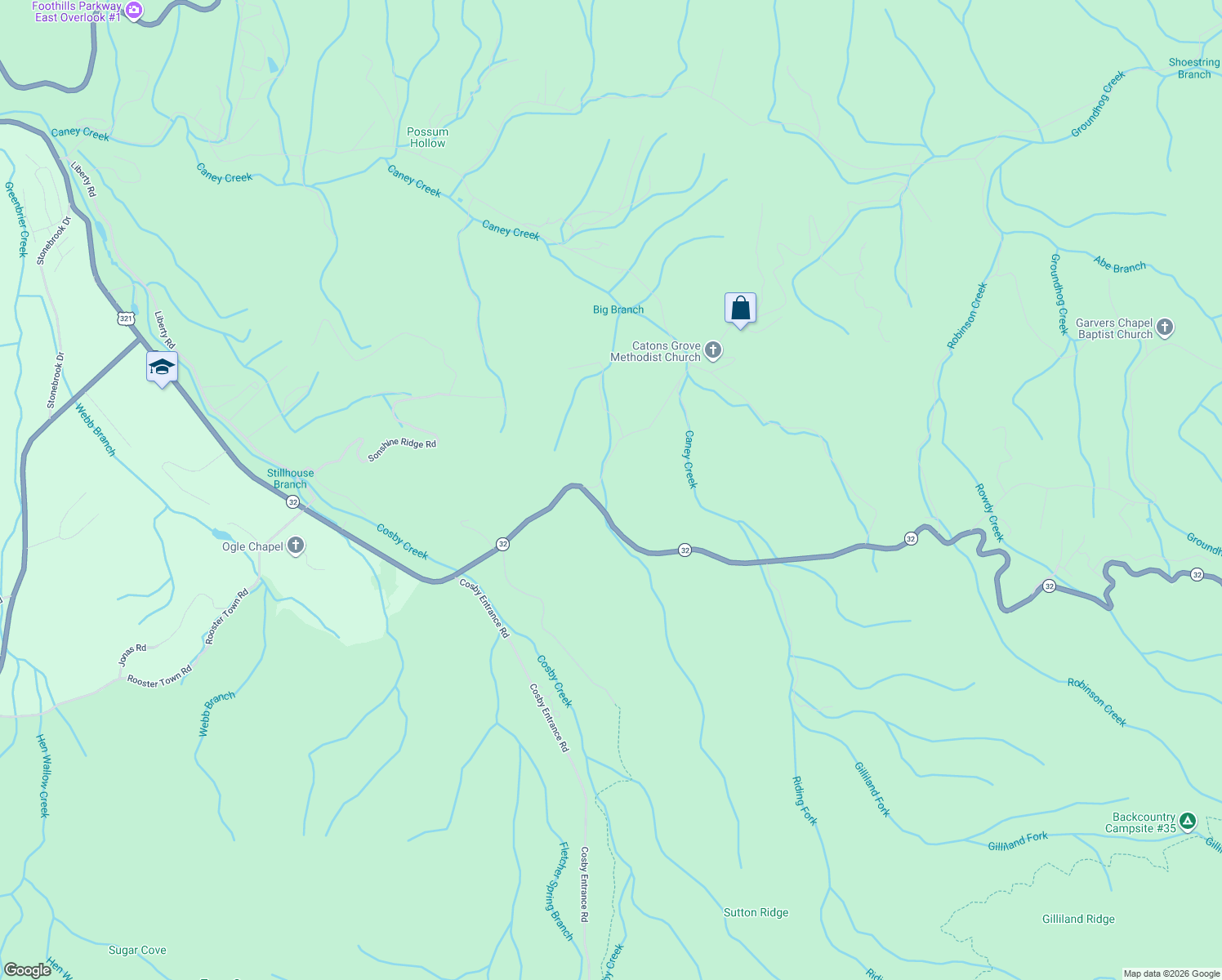 map of restaurants, bars, coffee shops, grocery stores, and more near 740 Caney Creek Road in Cosby