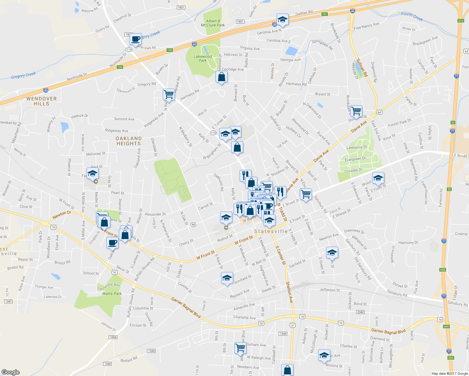 map of restaurants, bars, coffee shops, grocery stores, and more near 292 Kelly Street in Statesville