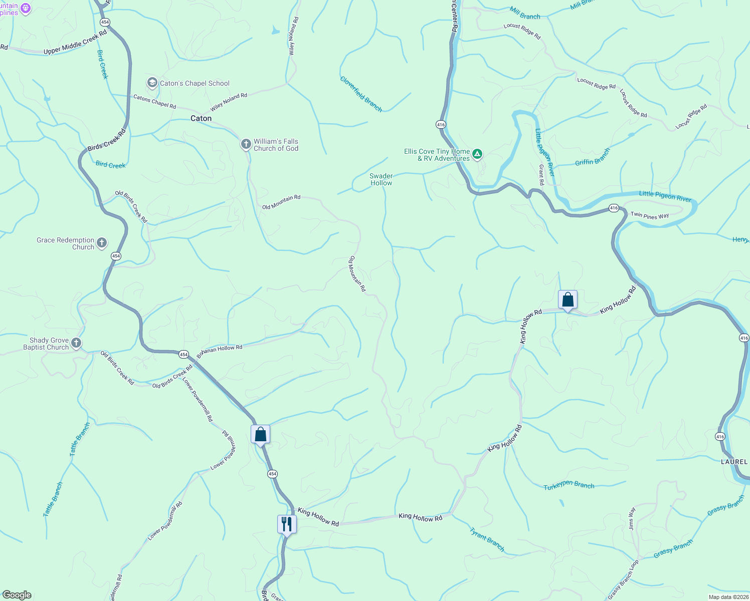 map of restaurants, bars, coffee shops, grocery stores, and more near 3613 Old Mountain Road in Sevierville