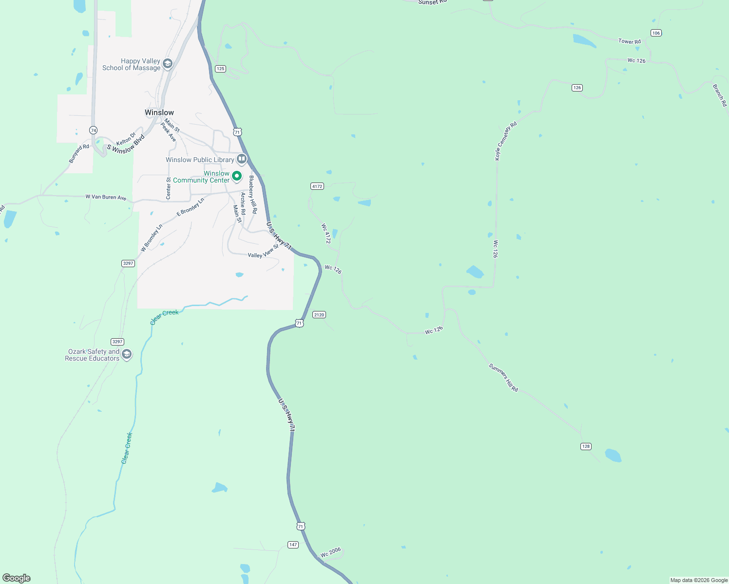 map of restaurants, bars, coffee shops, grocery stores, and more near 14586 Koyle Cemetery Road in Winslow