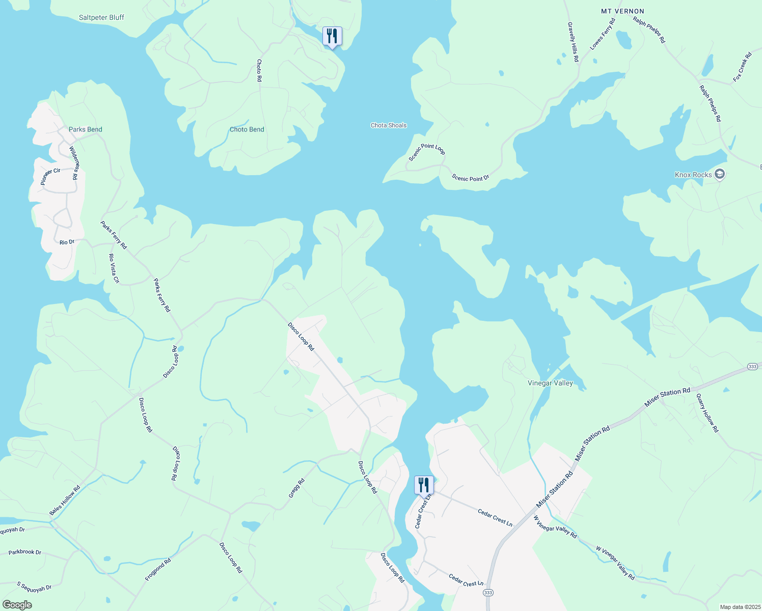 map of restaurants, bars, coffee shops, grocery stores, and more near 576 Island View Drive in Friendsville