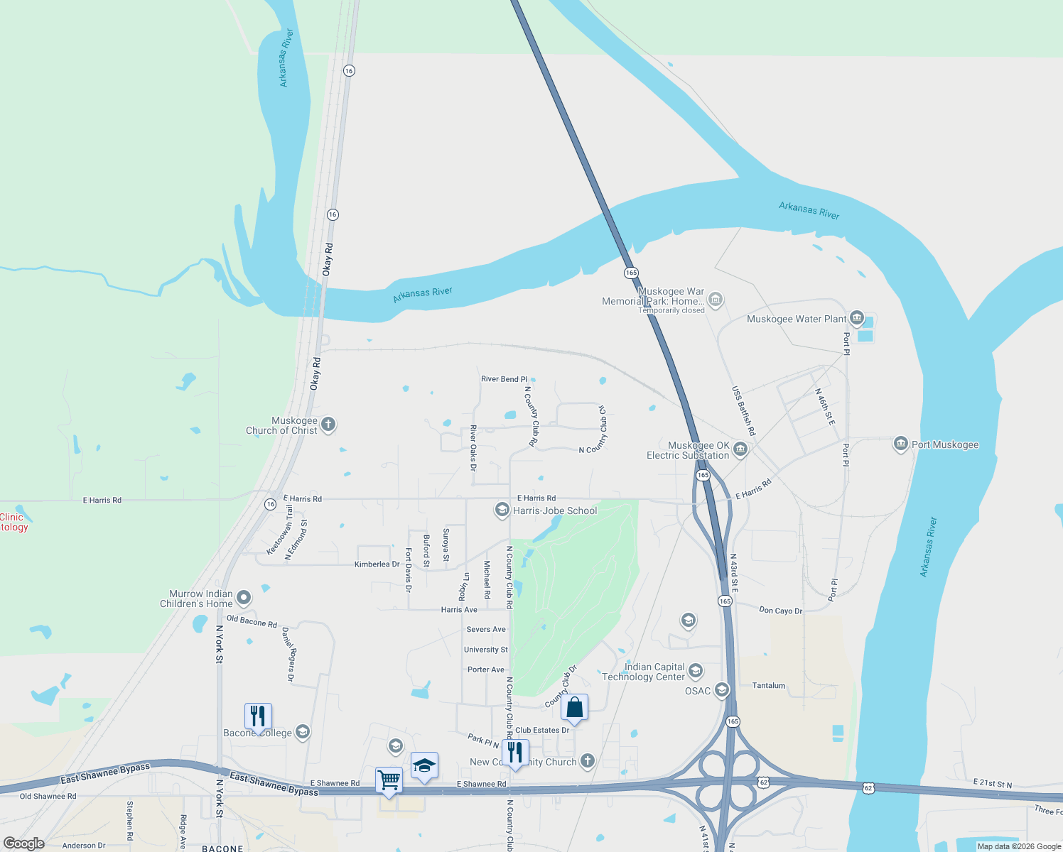 map of restaurants, bars, coffee shops, grocery stores, and more near 3423 River Bend Road in Muskogee