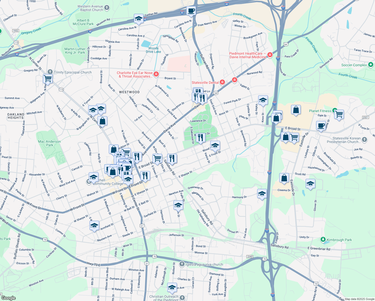 map of restaurants, bars, coffee shops, grocery stores, and more near 630 East Broad Street in Statesville