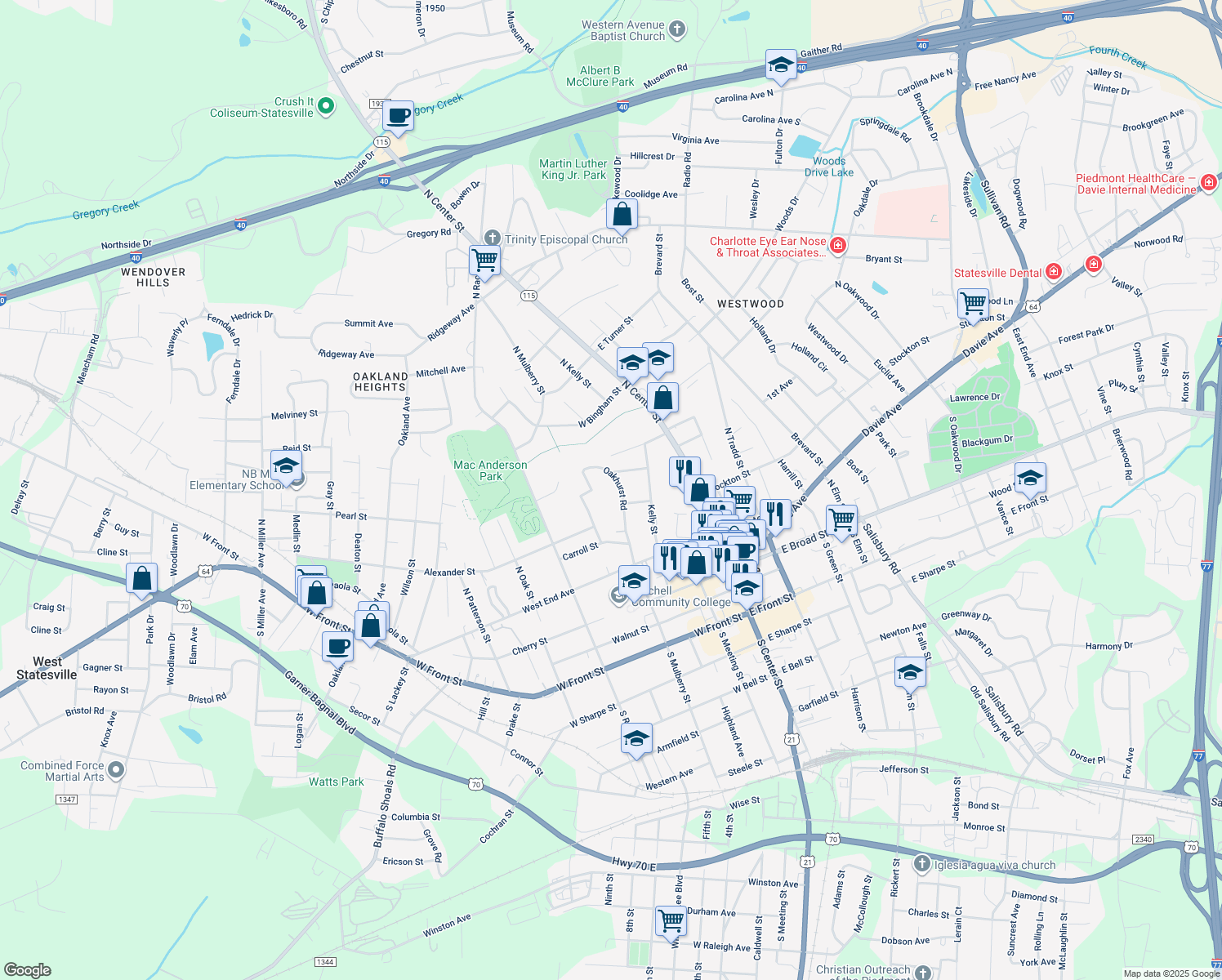 map of restaurants, bars, coffee shops, grocery stores, and more near 313 Oakhurst Road in Statesville