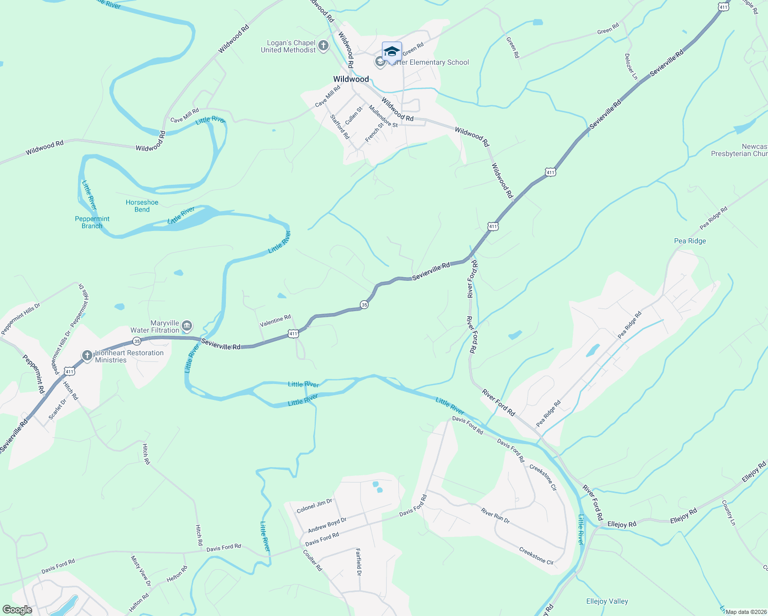 map of restaurants, bars, coffee shops, grocery stores, and more near 3974 Sevierville Road in Maryville