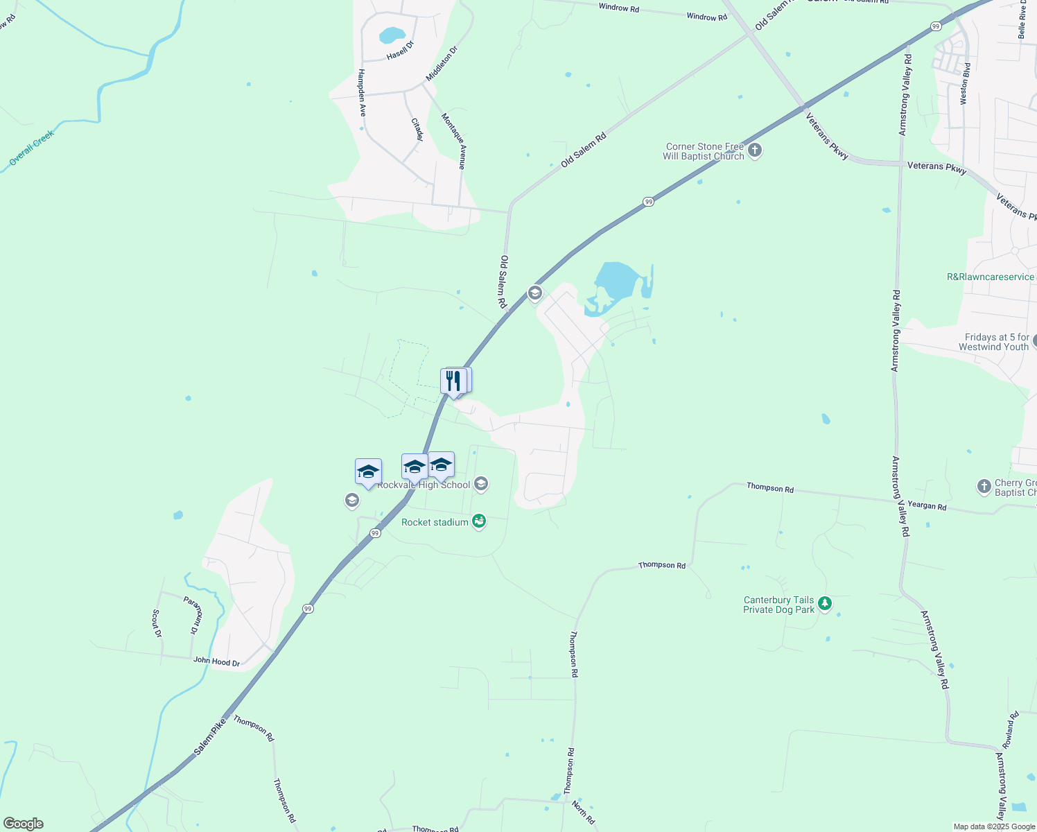map of restaurants, bars, coffee shops, grocery stores, and more near 135 Clearidge Drive in Rockvale