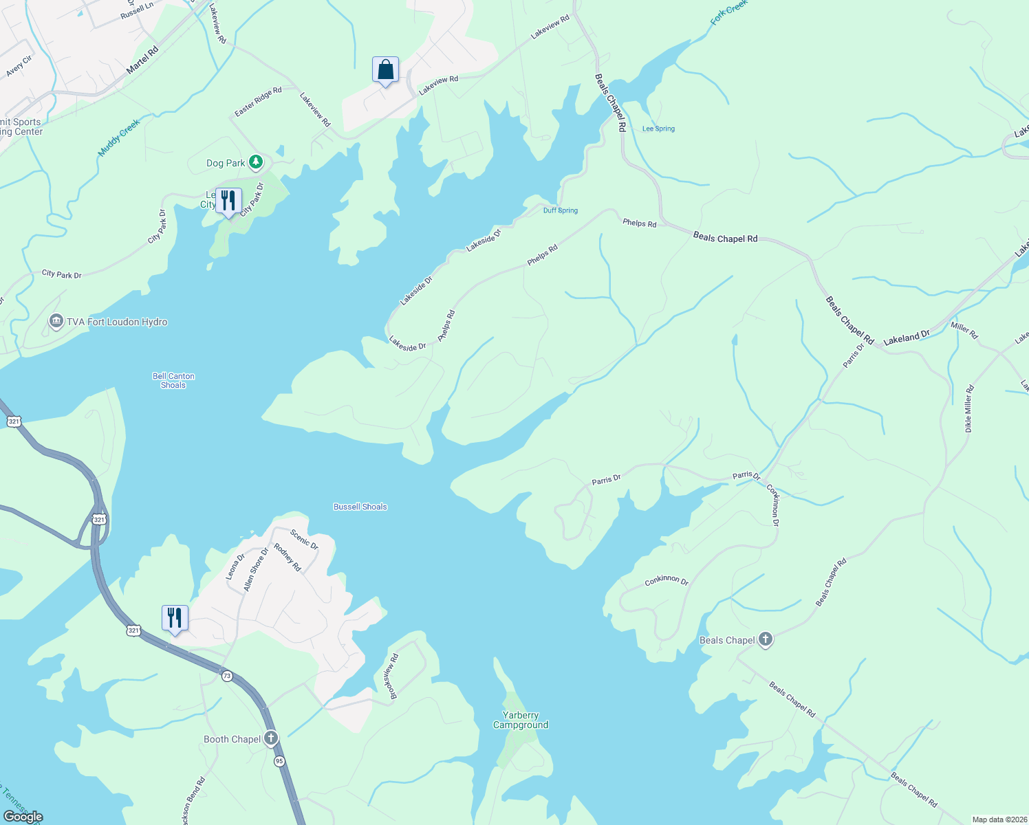 map of restaurants, bars, coffee shops, grocery stores, and more near 1205 Blackberry Ridge Road in Lenoir City