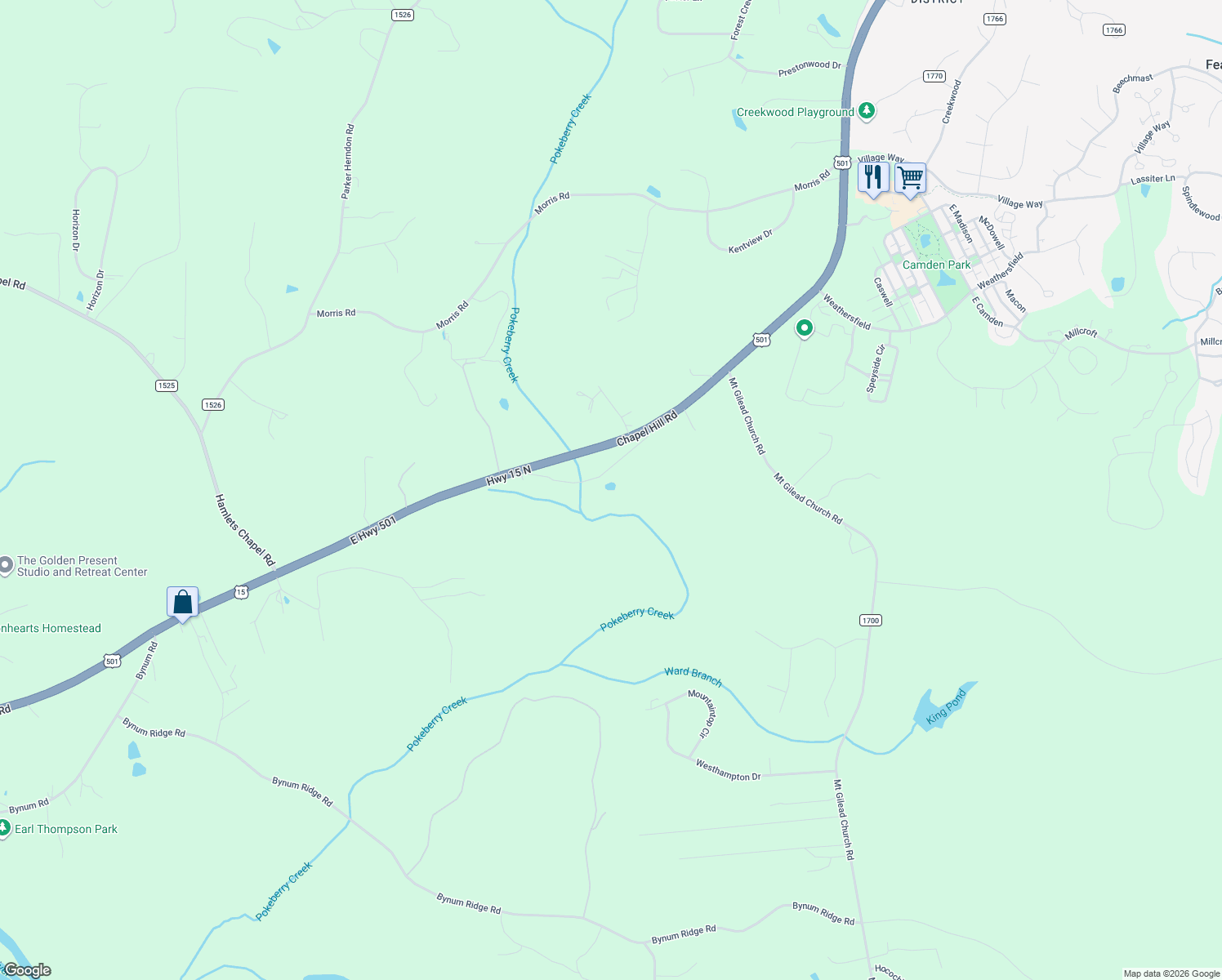 map of restaurants, bars, coffee shops, grocery stores, and more near 166 Karen Calhoun Road in Pittsboro