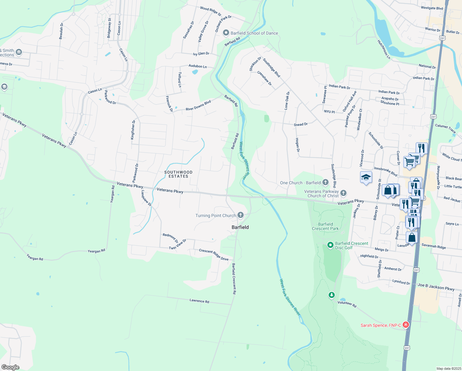 map of restaurants, bars, coffee shops, grocery stores, and more near 2862 Barfield Road in Murfreesboro