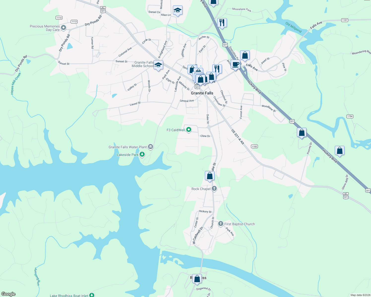 map of restaurants, bars, coffee shops, grocery stores, and more near 5 Power Drive in Granite Falls
