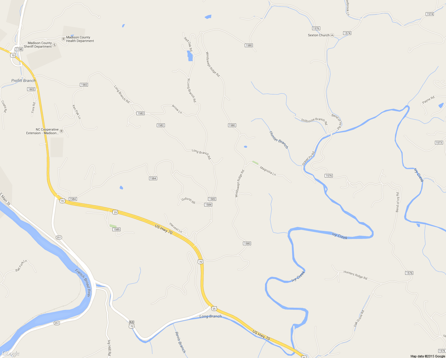 map of restaurants, bars, coffee shops, grocery stores, and more near 2057 Long Branch Road in Marshall