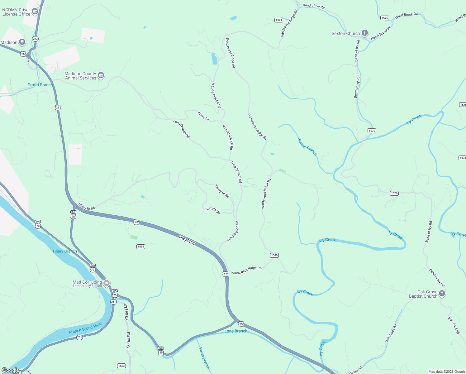 map of restaurants, bars, coffee shops, grocery stores, and more near 2057 Long Branch Road in Marshall