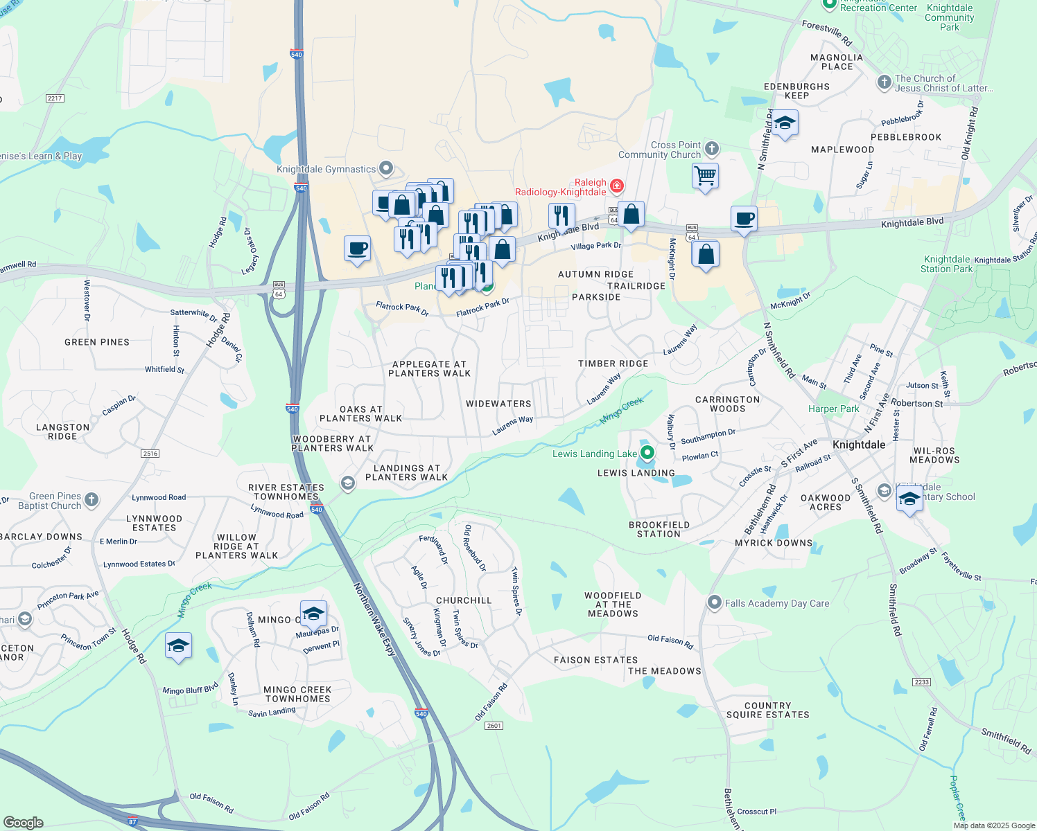 map of restaurants, bars, coffee shops, grocery stores, and more near 702 Calavaras Lane in Knightdale