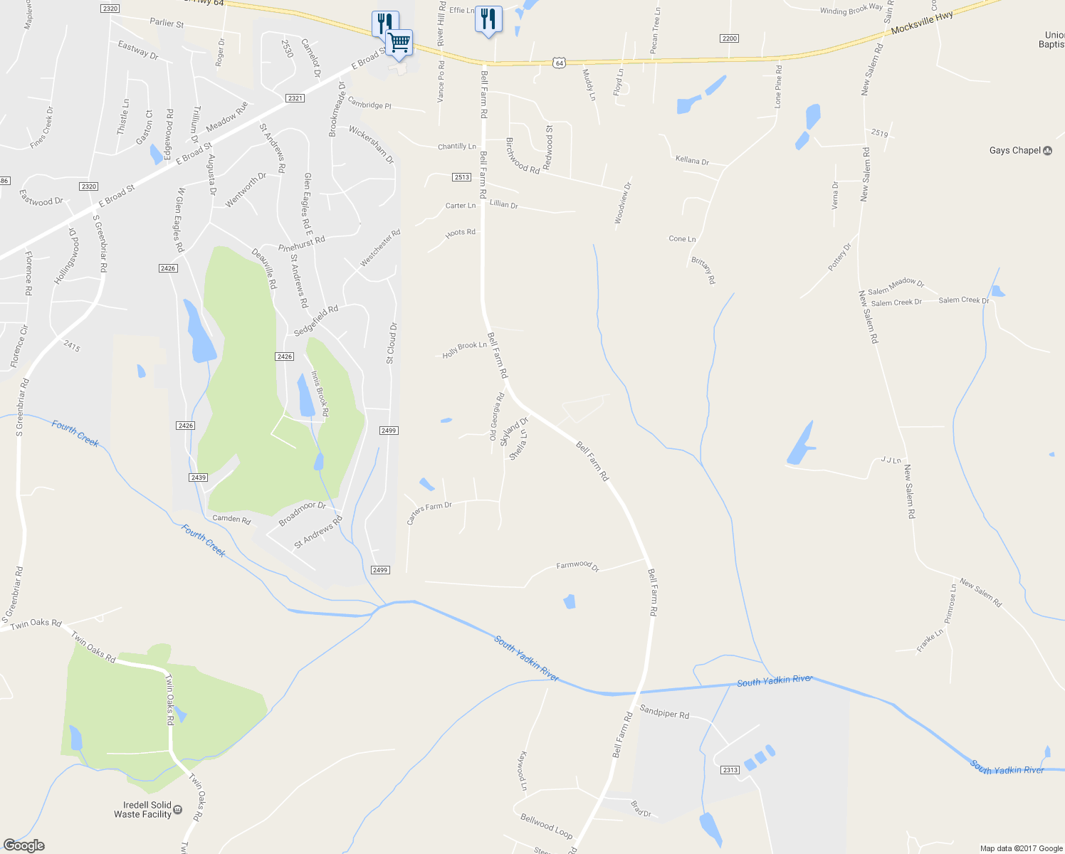 map of restaurants, bars, coffee shops, grocery stores, and more near 414 Bell Farm Road in Statesville