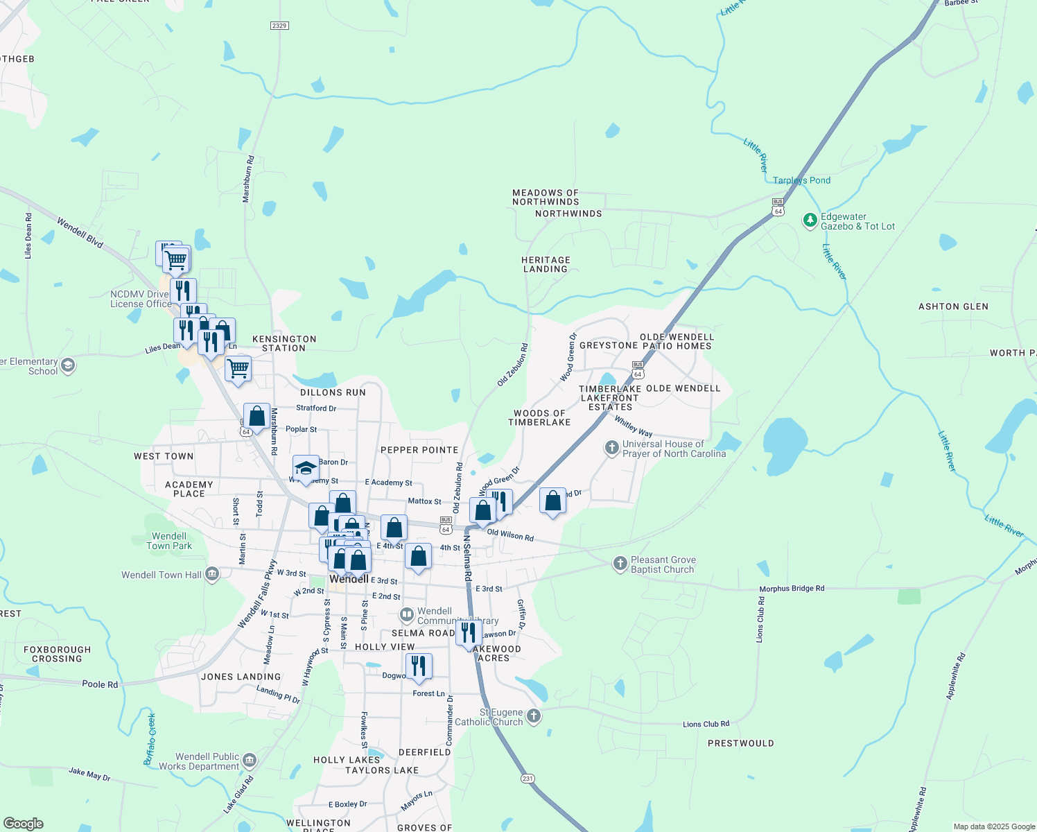 map of restaurants, bars, coffee shops, grocery stores, and more near 83 Wood Green Drive in Wendell