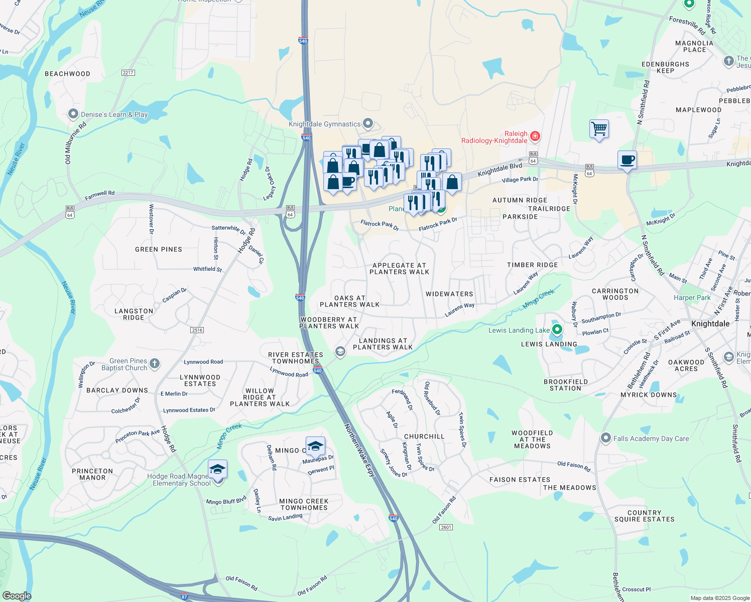 map of restaurants, bars, coffee shops, grocery stores, and more near 1020 Beddingfield Drive in Knightdale