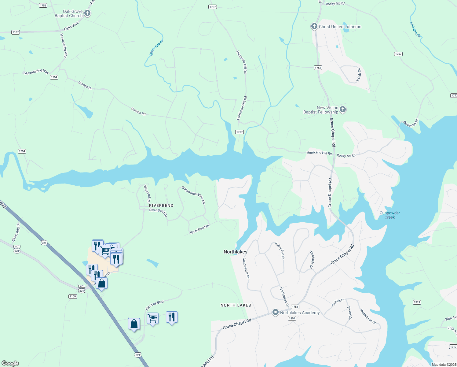 map of restaurants, bars, coffee shops, grocery stores, and more near 303 Captains Way Court in Granite Falls