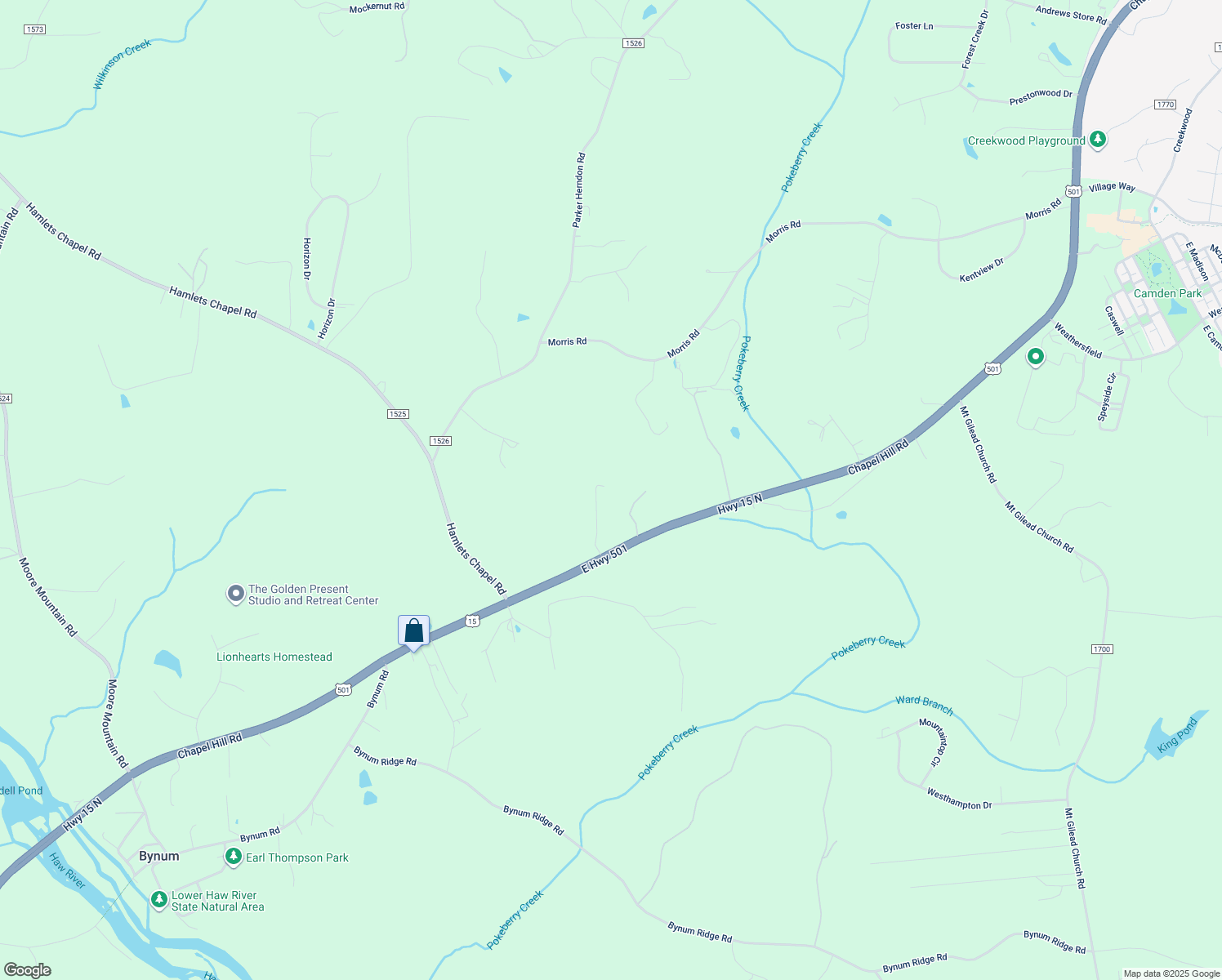 map of restaurants, bars, coffee shops, grocery stores, and more near 232 Lanes Legacy in Pittsboro