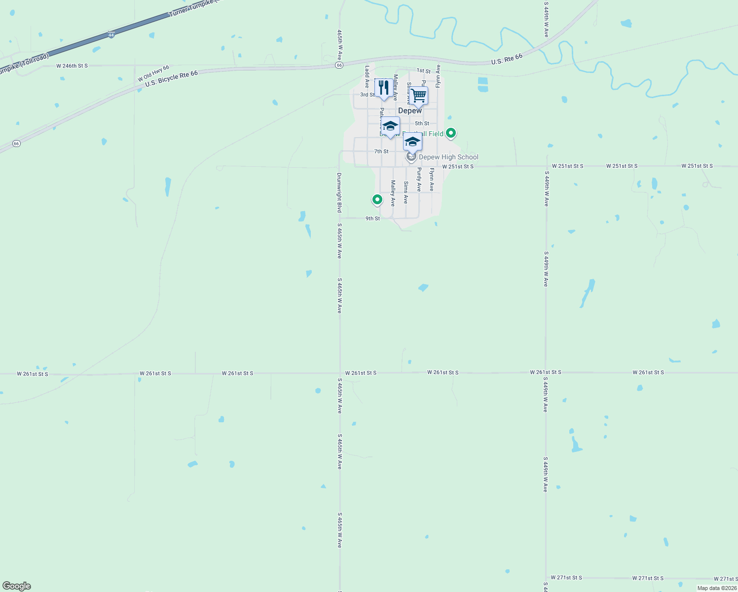 map of restaurants, bars, coffee shops, grocery stores, and more near 25757 South 465th West Avenue in Depew
