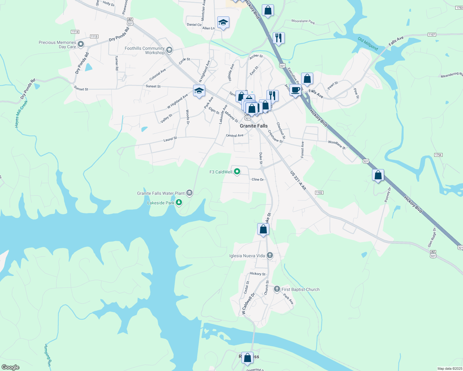 map of restaurants, bars, coffee shops, grocery stores, and more near 13 Plaza Drive in Granite Falls