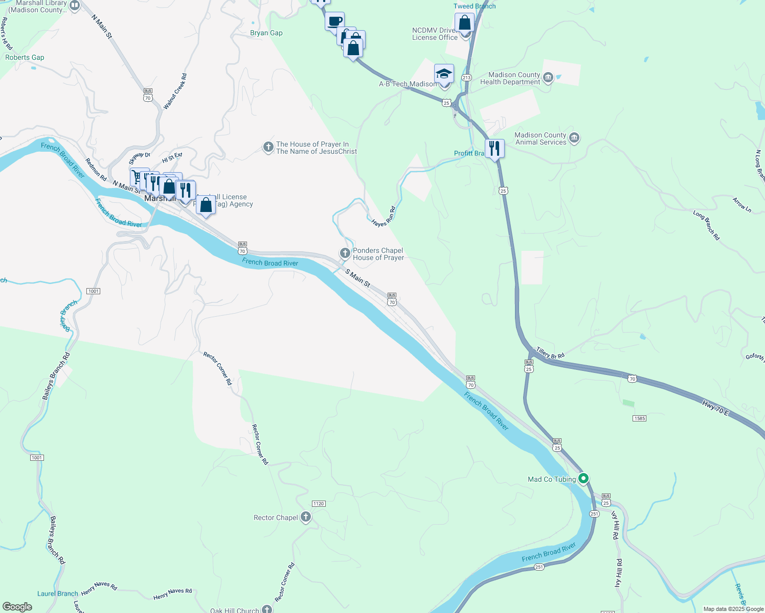 map of restaurants, bars, coffee shops, grocery stores, and more near Rollins Road in Marshall
