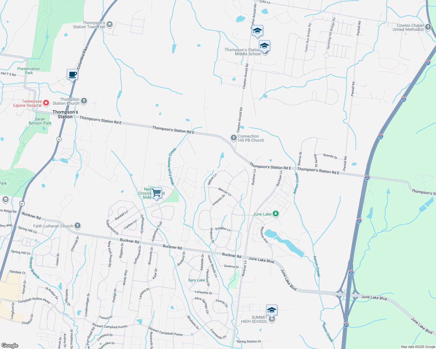 map of restaurants, bars, coffee shops, grocery stores, and more near 2566 Milton Lane in Thompson's Station