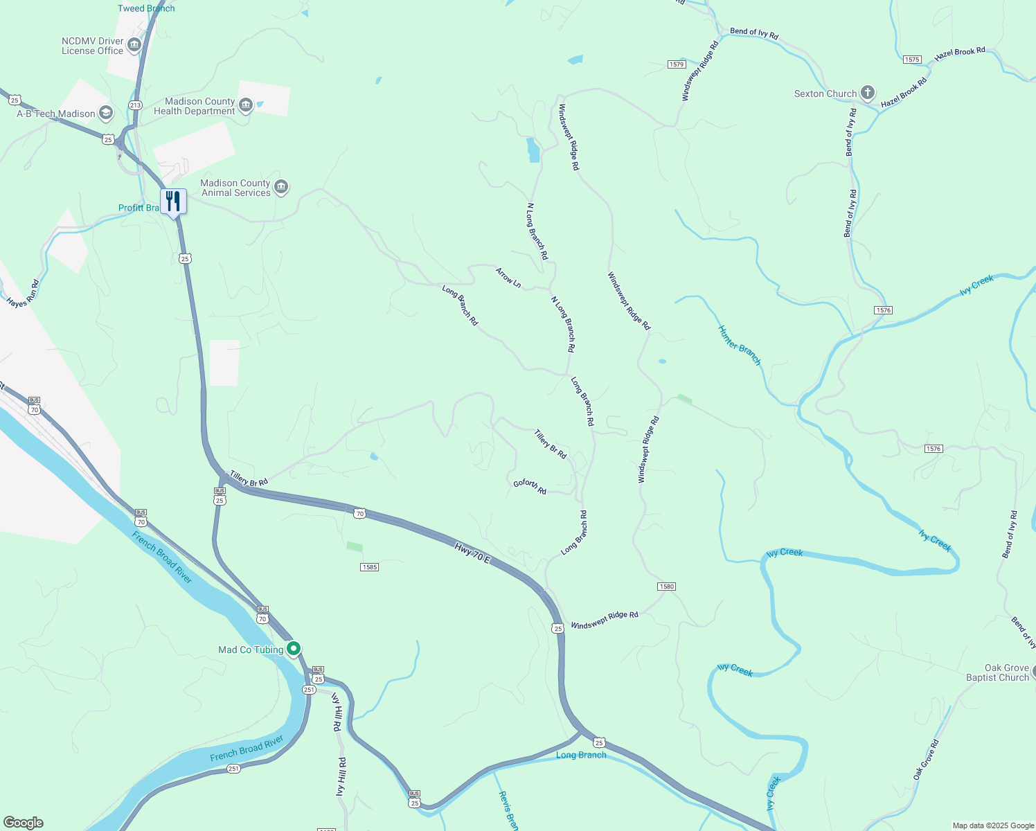map of restaurants, bars, coffee shops, grocery stores, and more near 1395 Tillery Bridge Road in Marshall