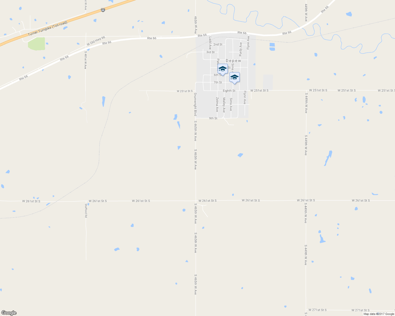 map of restaurants, bars, coffee shops, grocery stores, and more near 25607 South 465th West Avenue in Depew