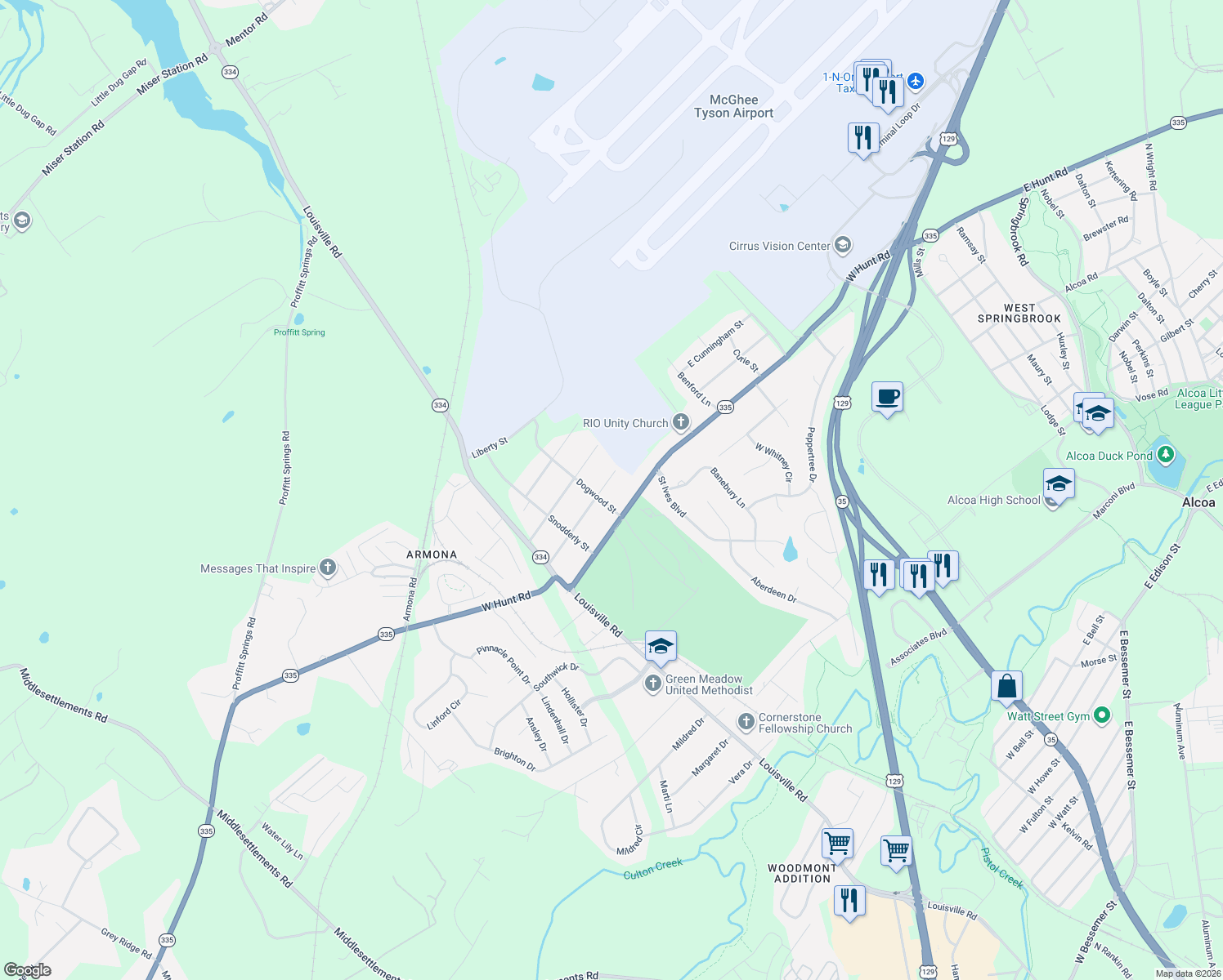 map of restaurants, bars, coffee shops, grocery stores, and more near 785 West Cunningham Street in Alcoa