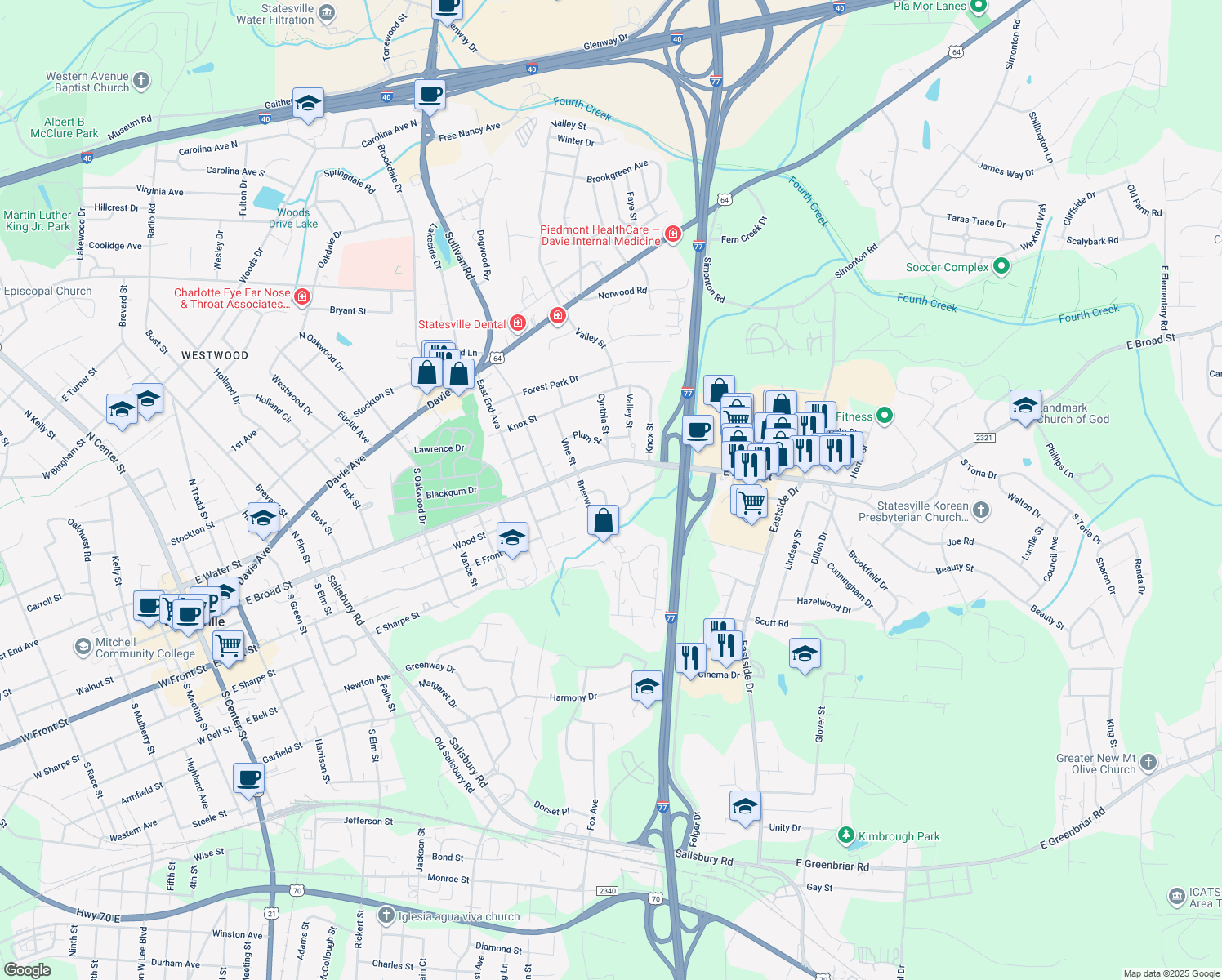 map of restaurants, bars, coffee shops, grocery stores, and more near 1209 Valley Stream Road in Statesville
