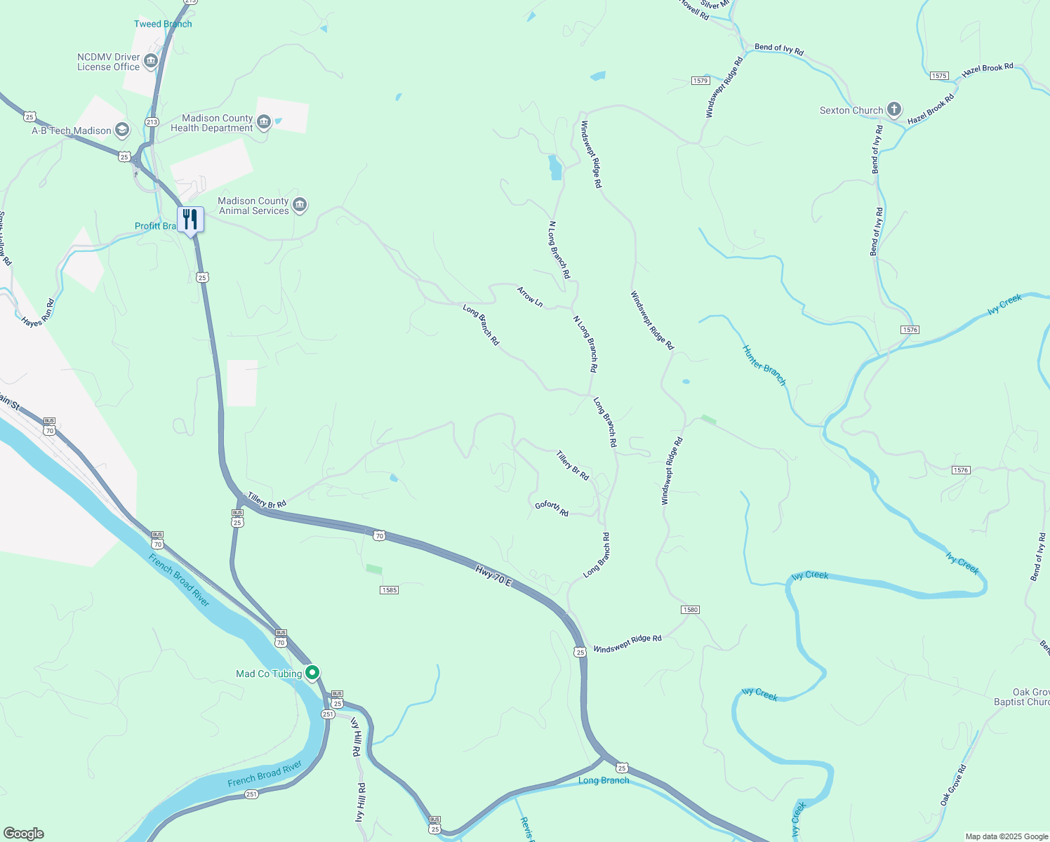map of restaurants, bars, coffee shops, grocery stores, and more near 1395 Tillery Bridge Road in Marshall