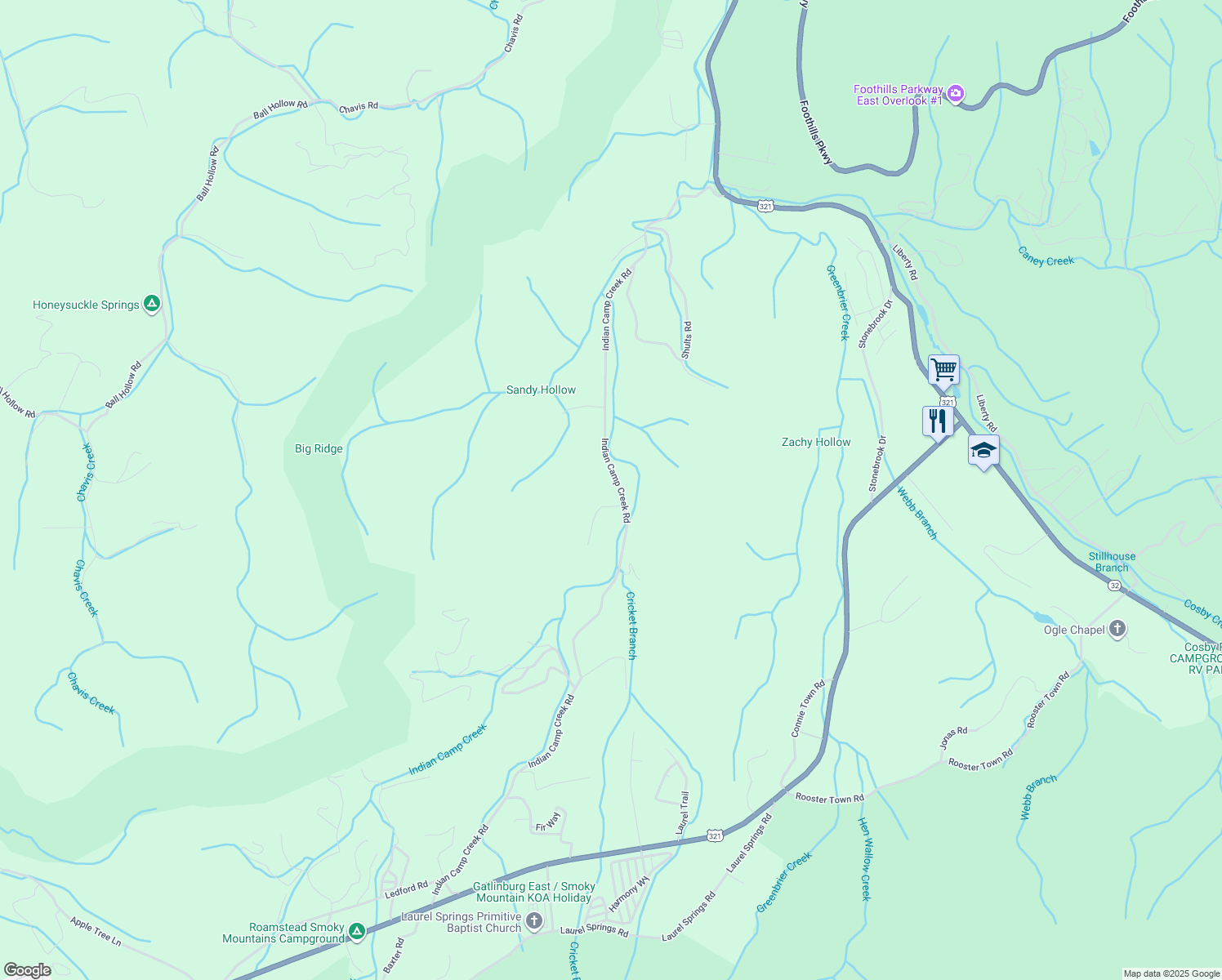 map of restaurants, bars, coffee shops, grocery stores, and more near 4404 Indian Camp Creek Road in Cosby