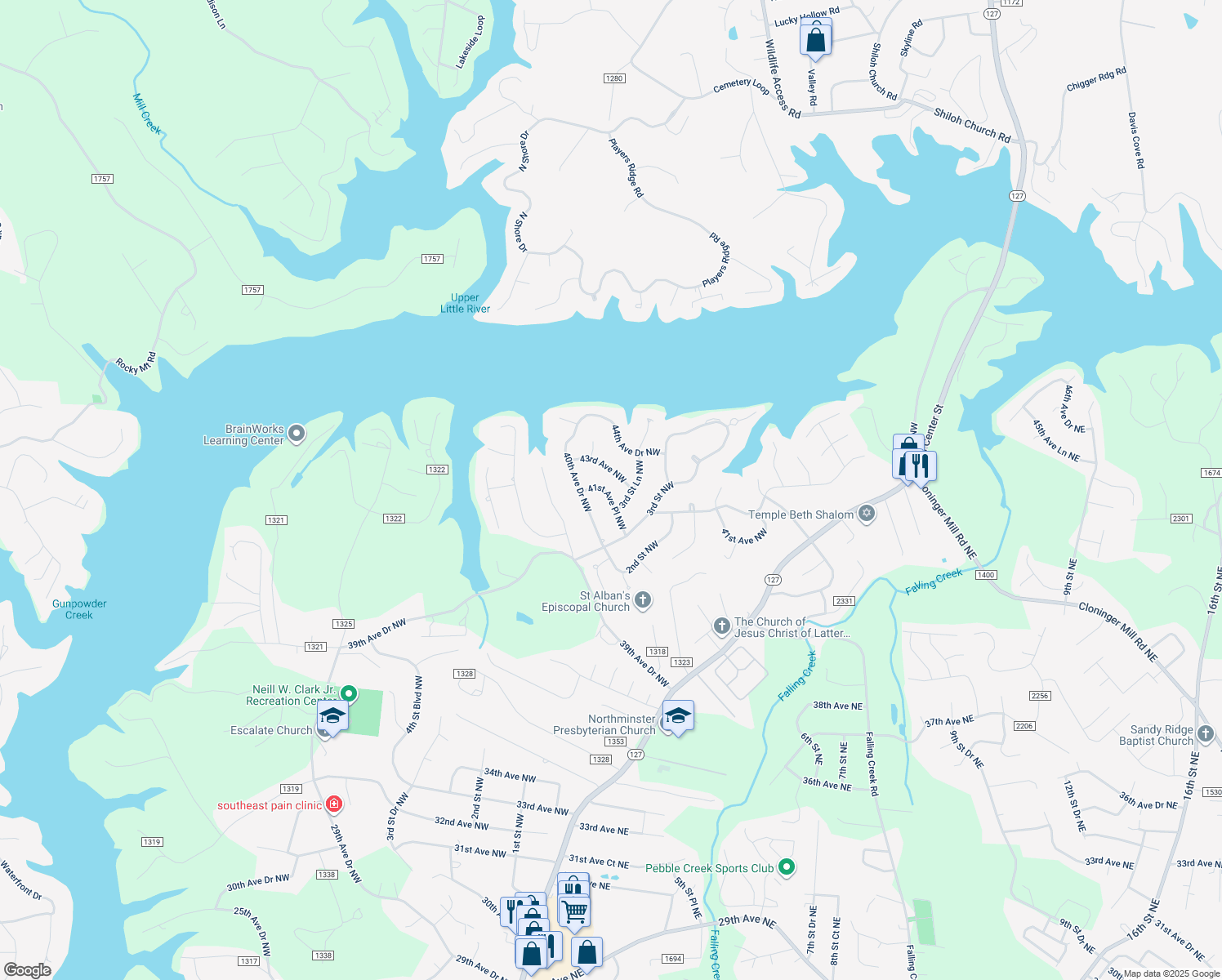 map of restaurants, bars, coffee shops, grocery stores, and more near 354 41st Avenue Place Northwest in Hickory