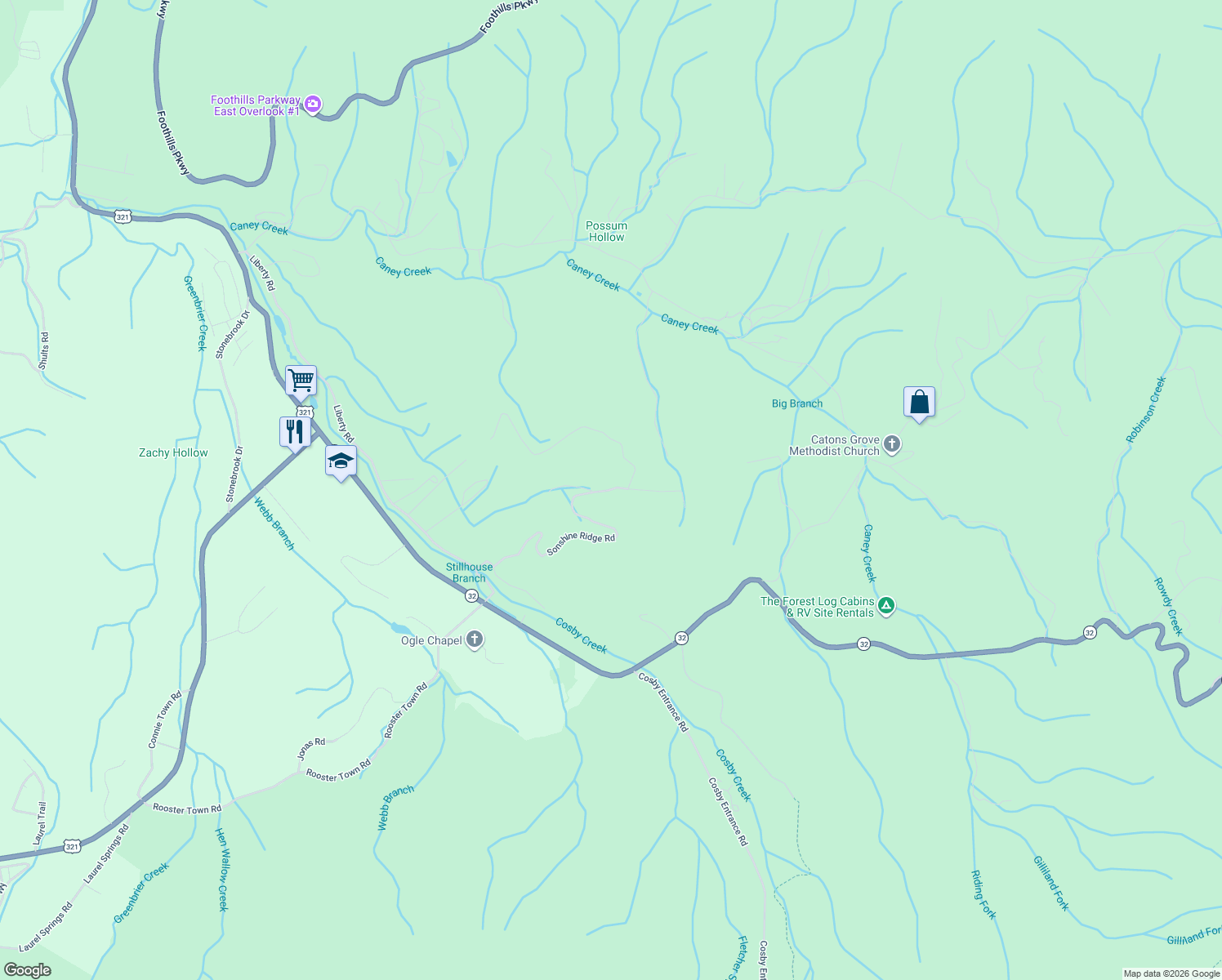map of restaurants, bars, coffee shops, grocery stores, and more near 284 Sonshine Ridge Road in Cosby