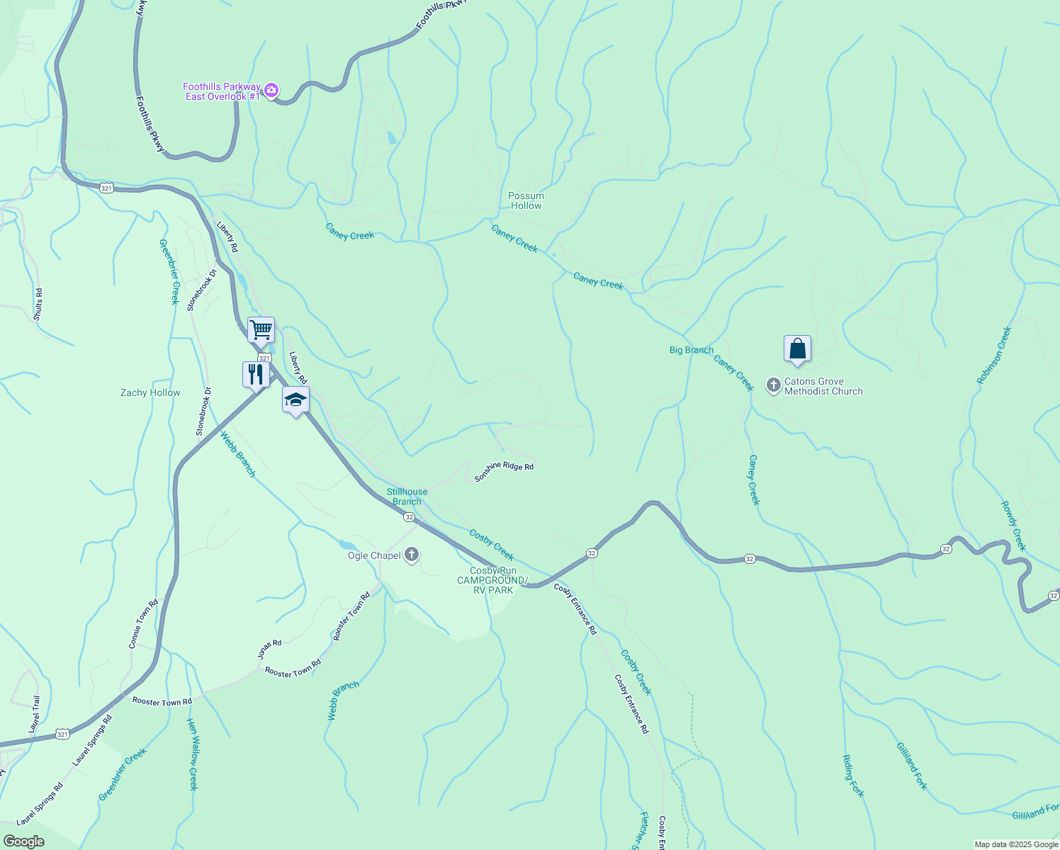 map of restaurants, bars, coffee shops, grocery stores, and more near 284 Sonshine Ridge Road in Cosby