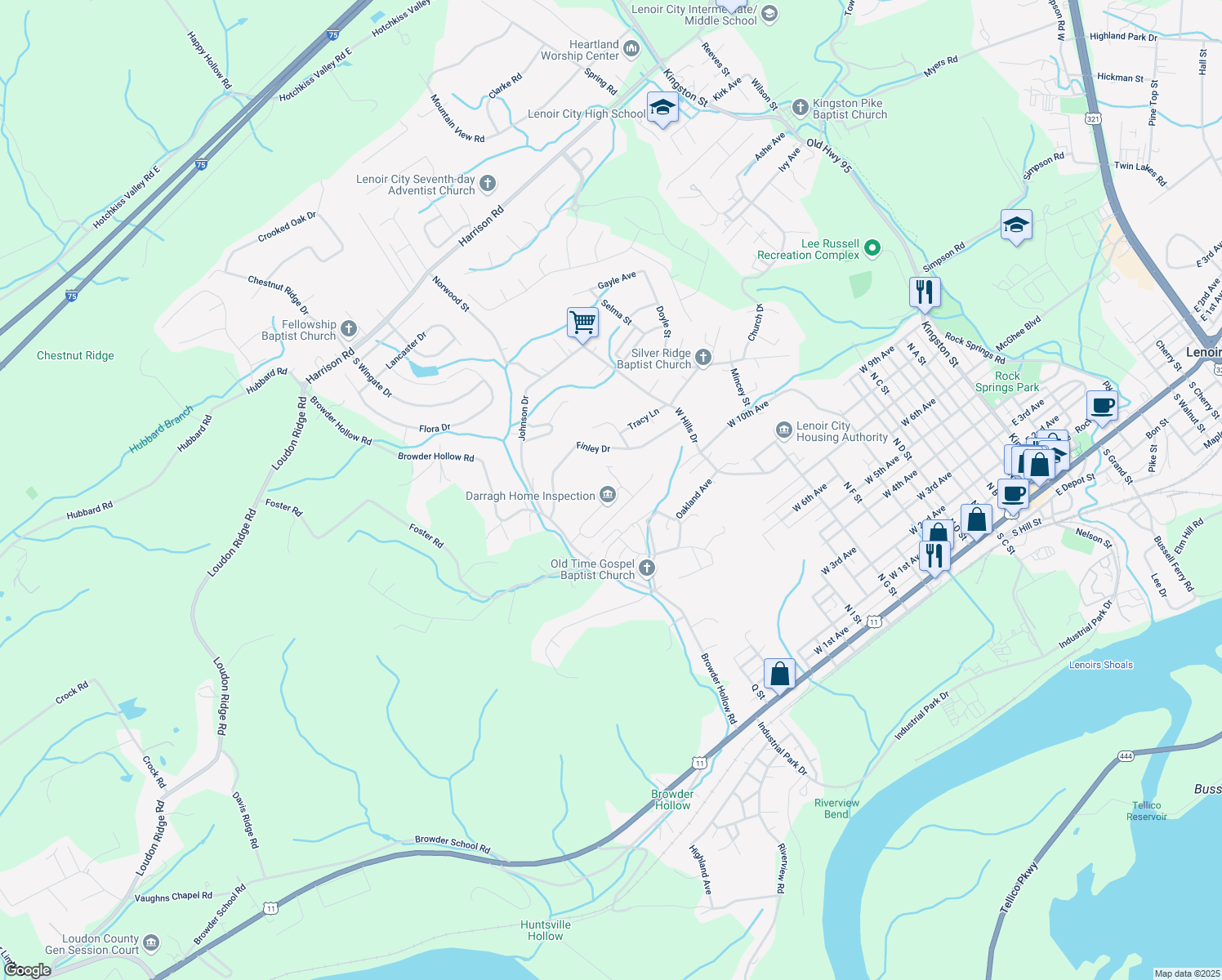 map of restaurants, bars, coffee shops, grocery stores, and more near 835 Oak Hills Drive in Lenoir City