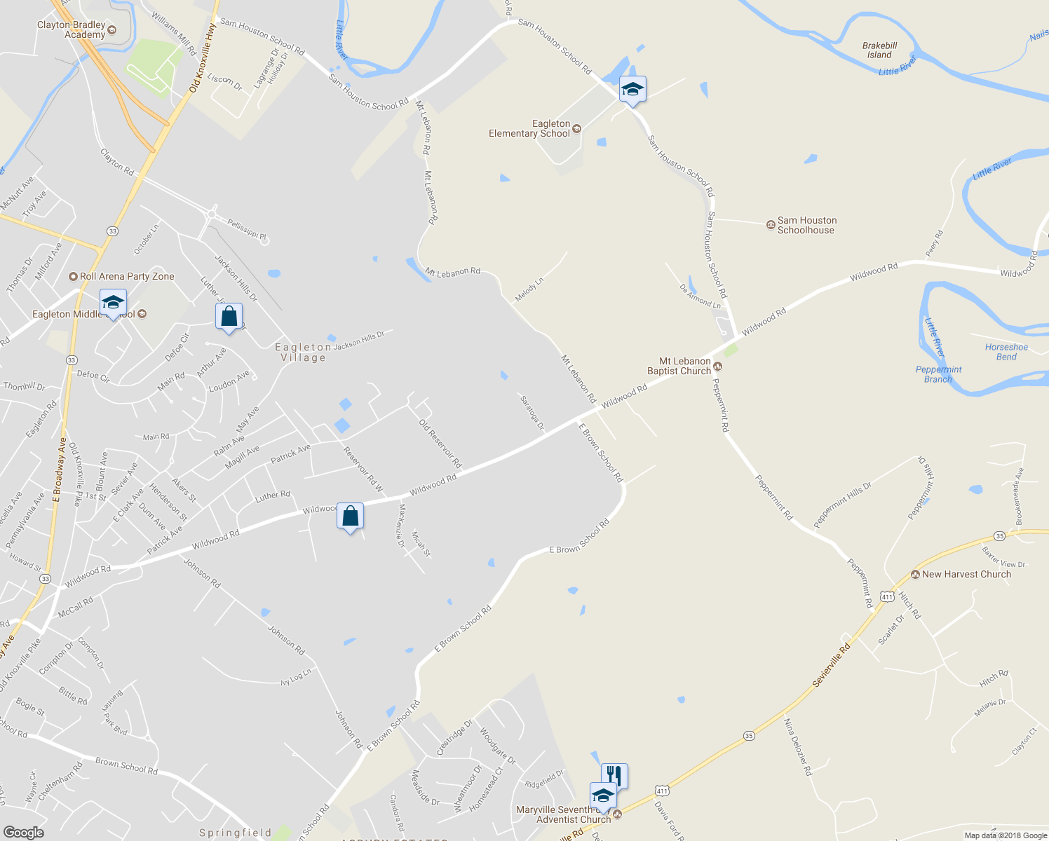 map of restaurants, bars, coffee shops, grocery stores, and more near 115 Saratoga Drive in Maryville