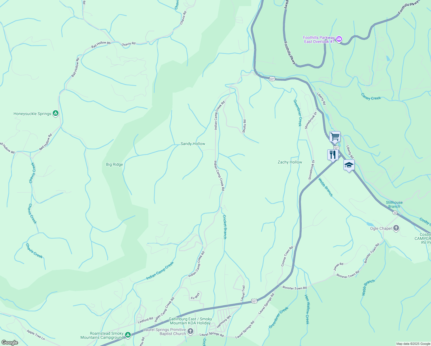 map of restaurants, bars, coffee shops, grocery stores, and more near 4404 Indian Camp Creek Road in Cosby