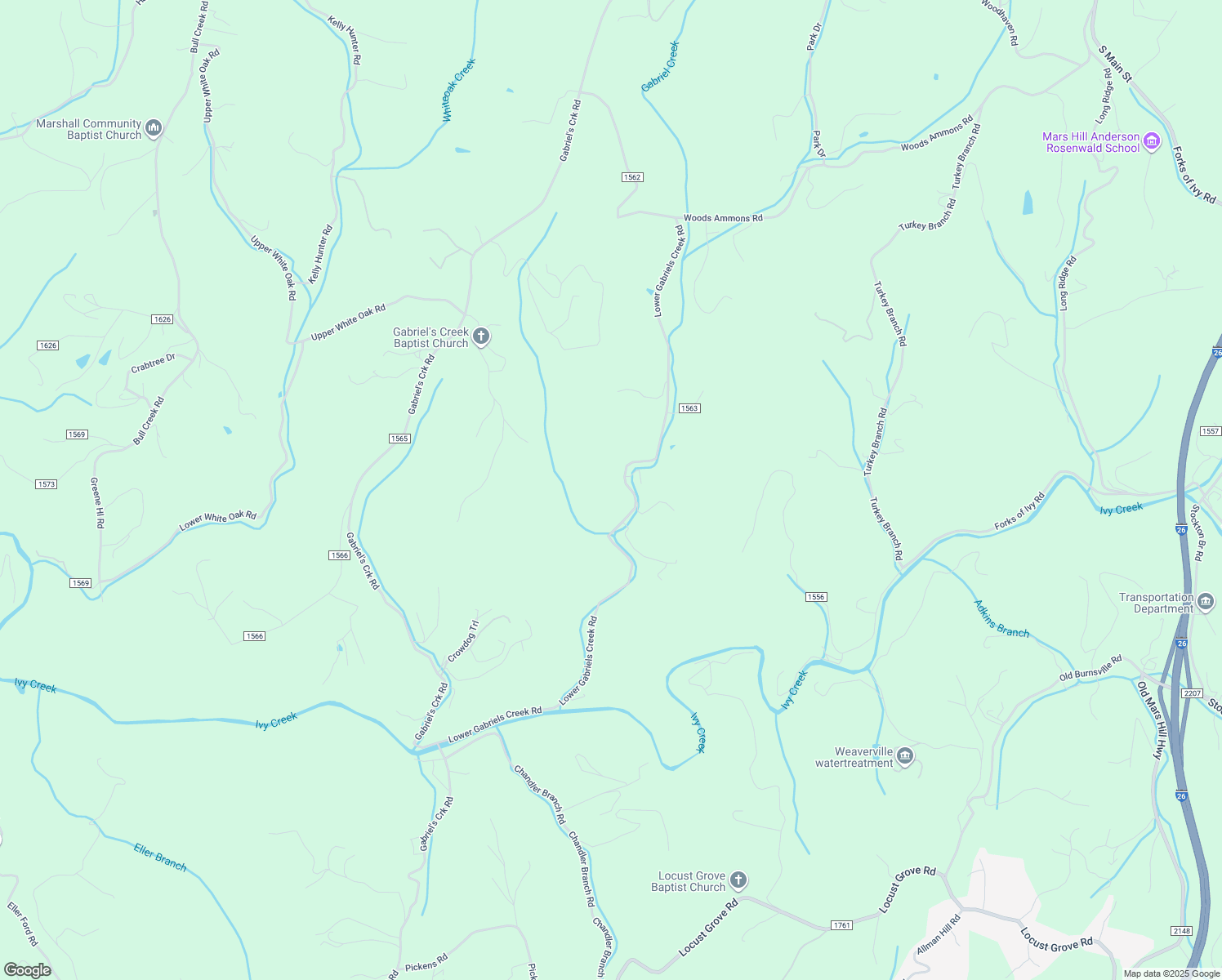 map of restaurants, bars, coffee shops, grocery stores, and more near 2490 Lower Gabriels Creek Road in Mars Hill
