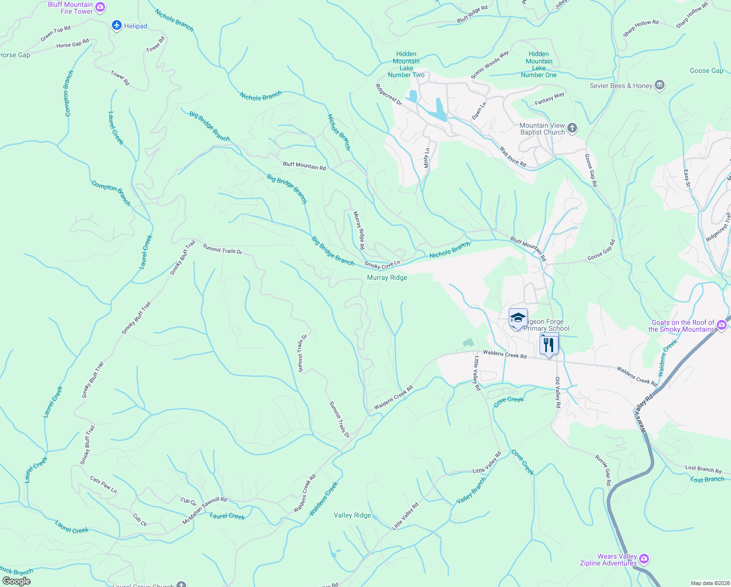 map of restaurants, bars, coffee shops, grocery stores, and more near 2006 Crown Point Lane in Sevierville