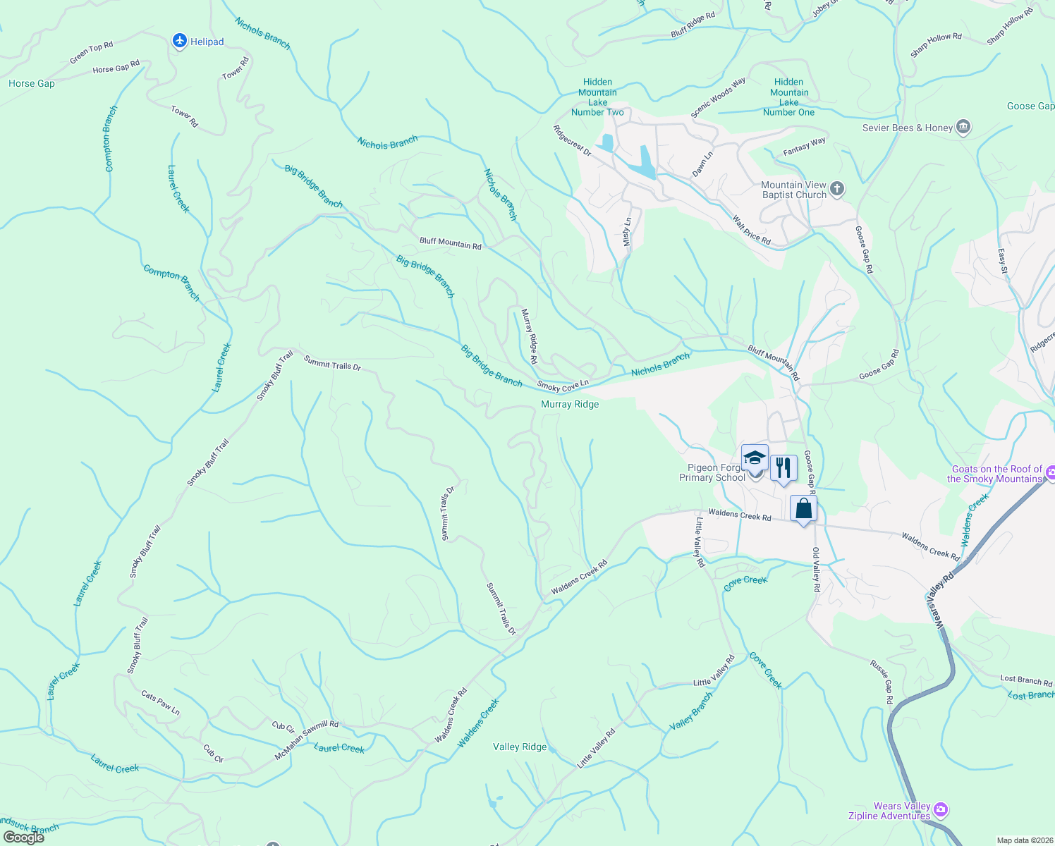 map of restaurants, bars, coffee shops, grocery stores, and more near 3110 Laughing Pine Lane in Sevierville