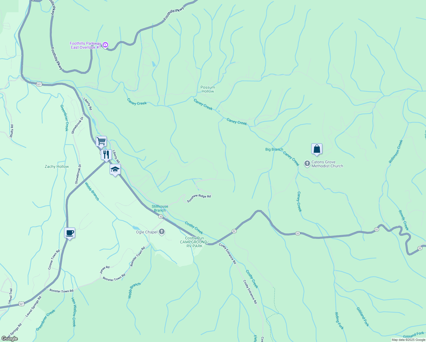map of restaurants, bars, coffee shops, grocery stores, and more near 284 Sonshine Ridge Road in Cosby