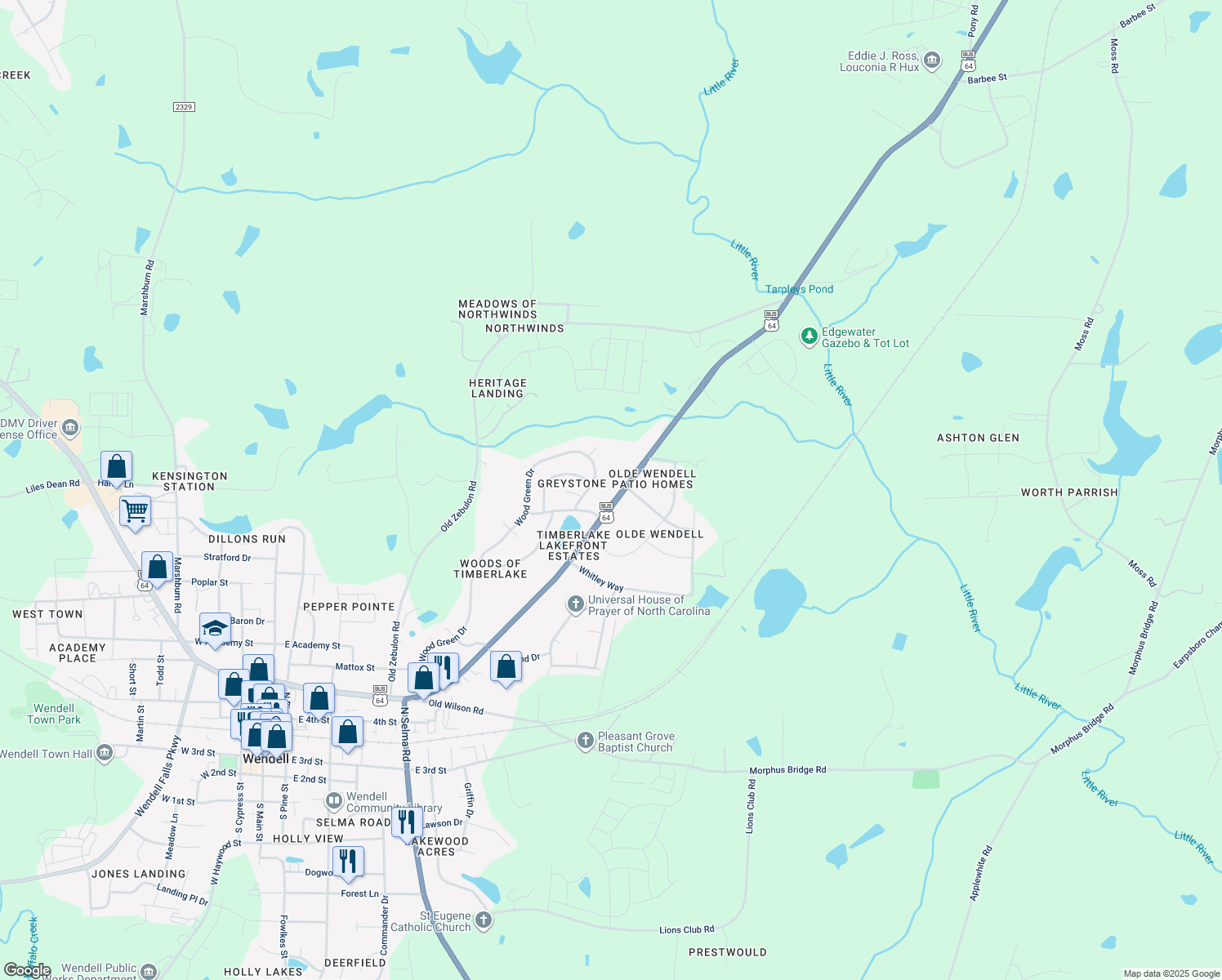 map of restaurants, bars, coffee shops, grocery stores, and more near 4595 Wendell Boulevard in Wendell