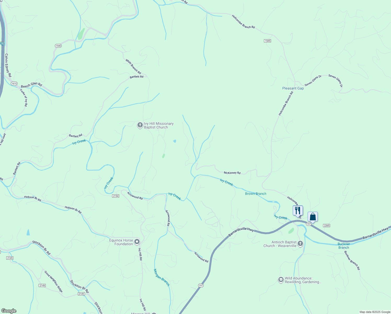 map of restaurants, bars, coffee shops, grocery stores, and more near 190 McKinney Road in Weaverville