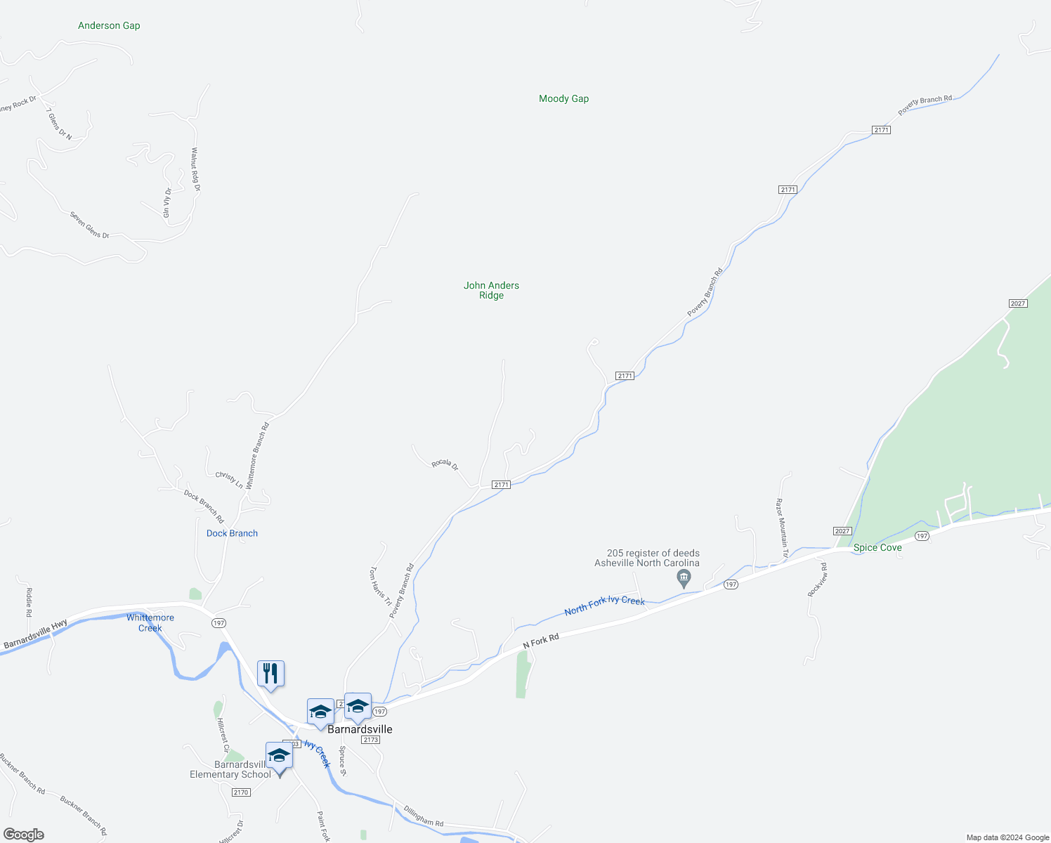 map of restaurants, bars, coffee shops, grocery stores, and more near 74 Ebens Cove in Barnardsville